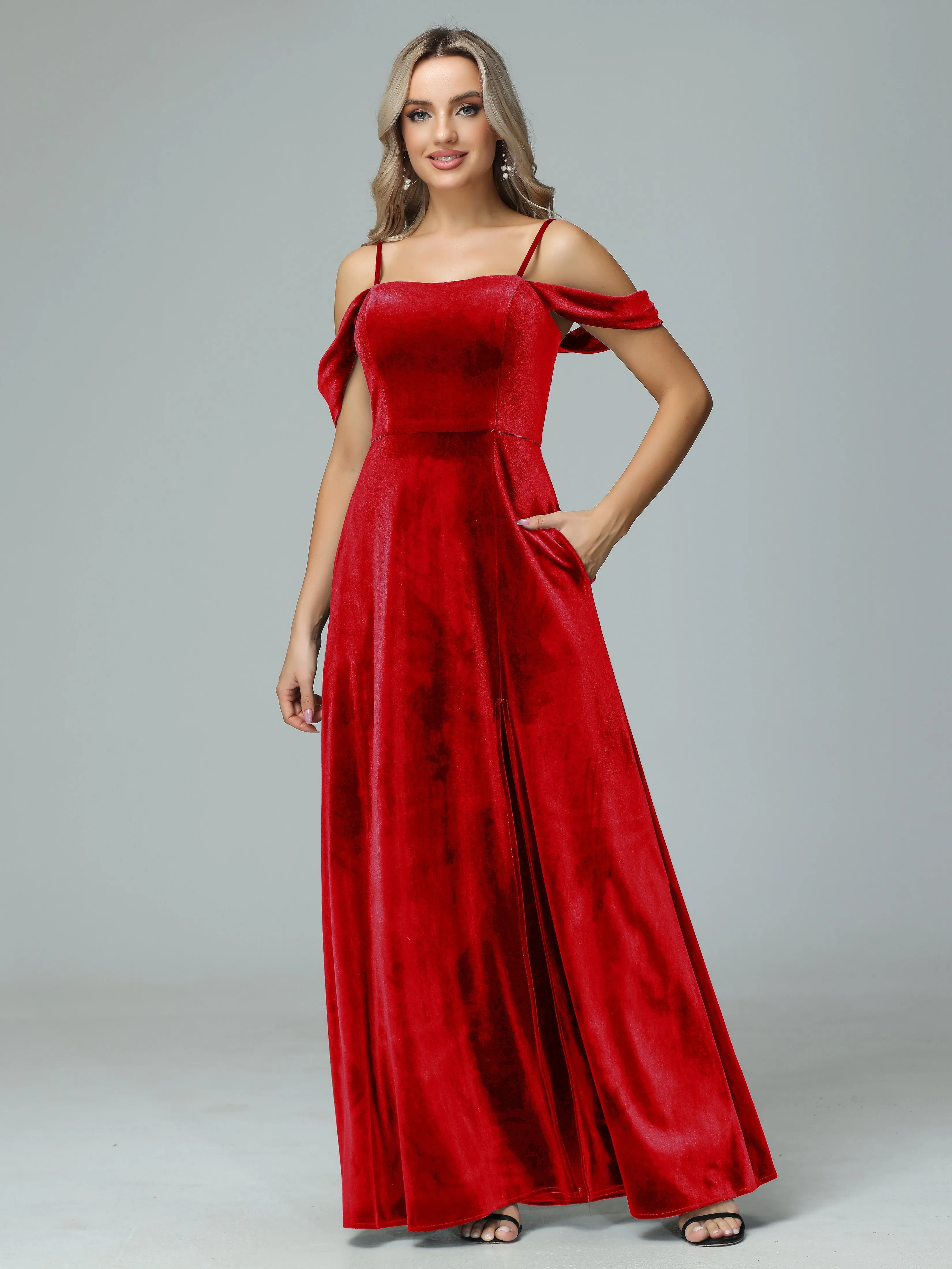 Off the Shoulder Straps Velvet Bridesmaid Dresses with Pockets