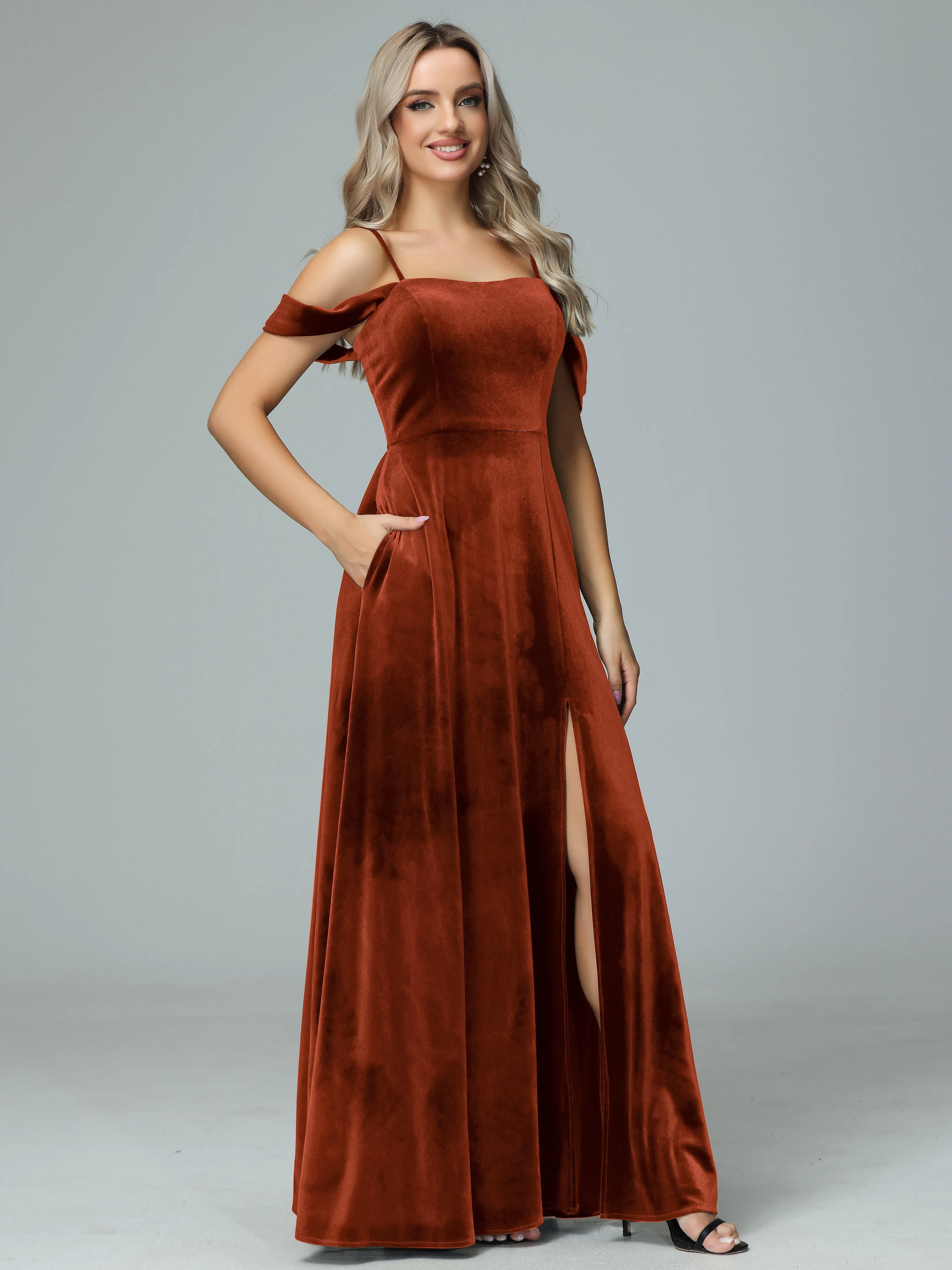 Off the Shoulder Straps Velvet Bridesmaid Dresses with Pockets