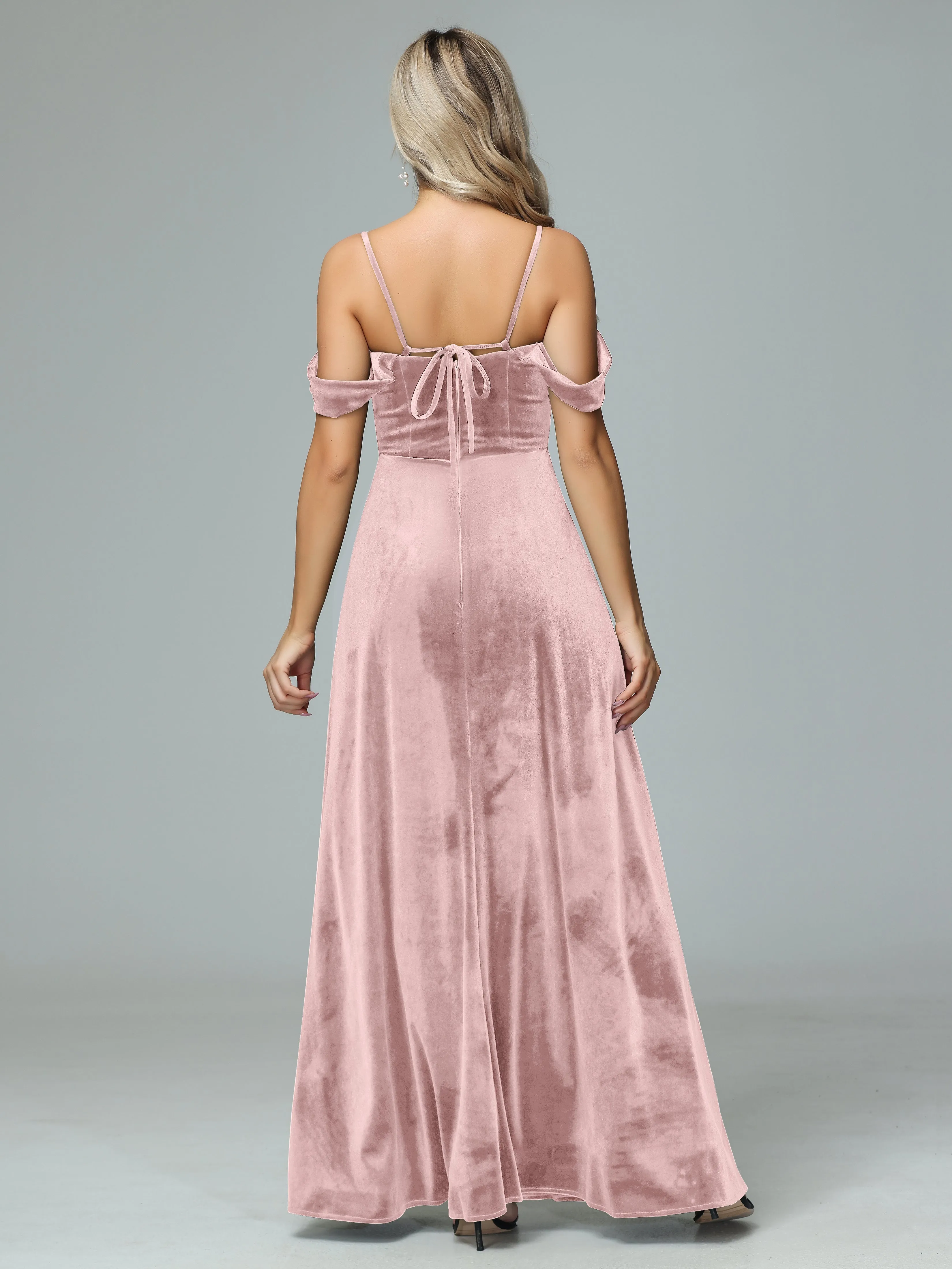 Off the Shoulder Straps Velvet Bridesmaid Dresses with Pockets