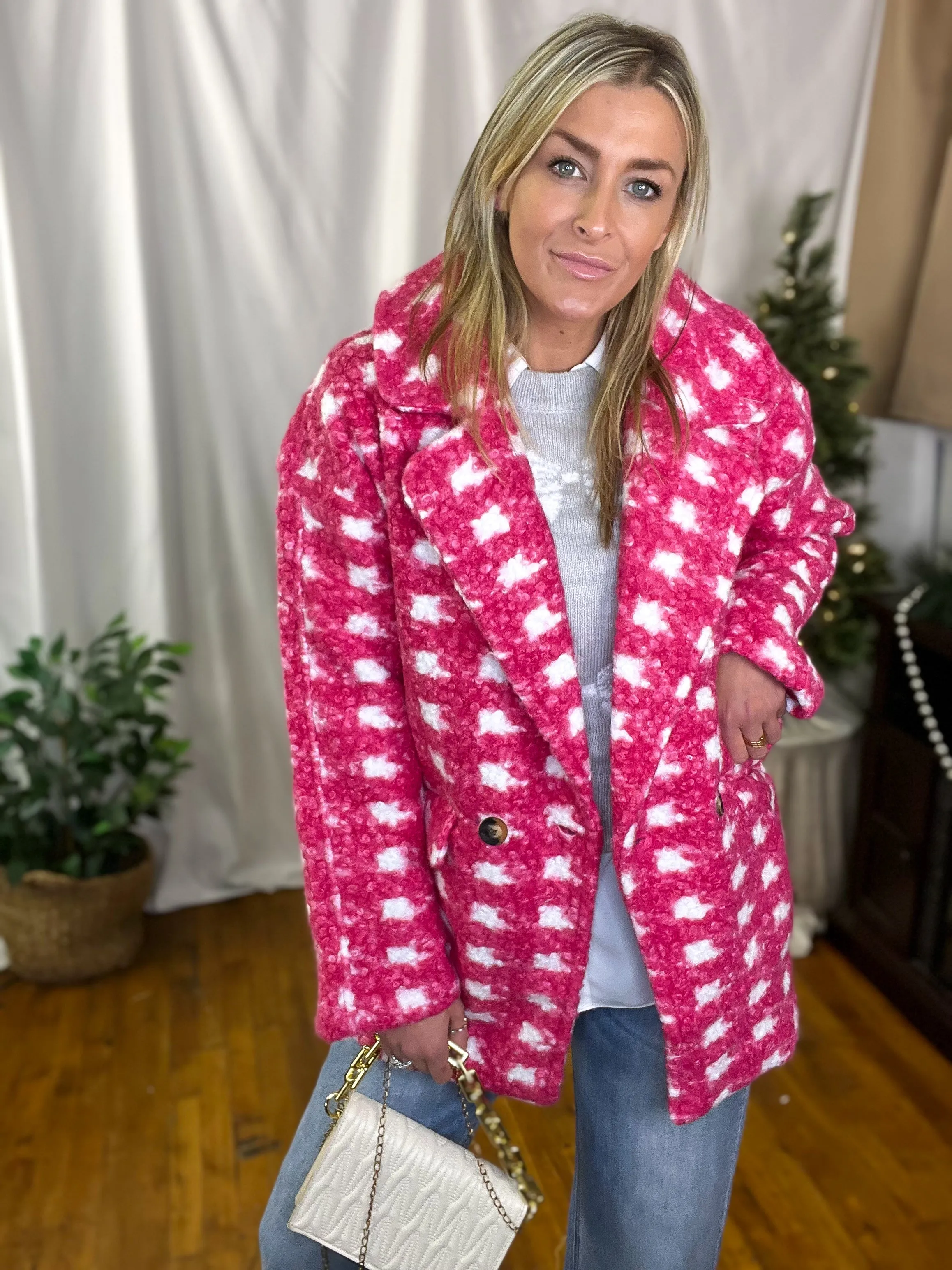 Pink Double Breasted Check Print Boucle Fleece Coat