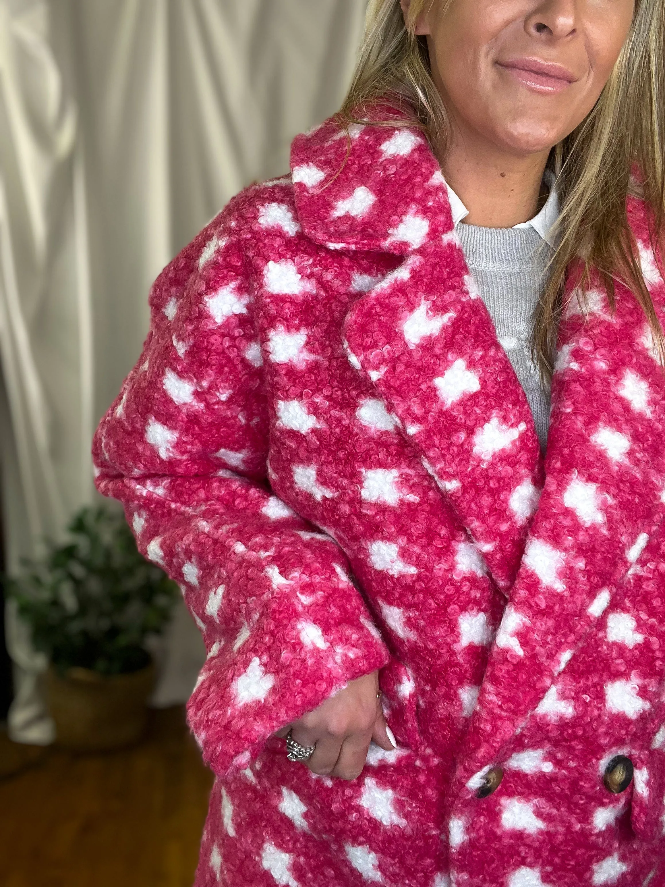 Pink Double Breasted Check Print Boucle Fleece Coat