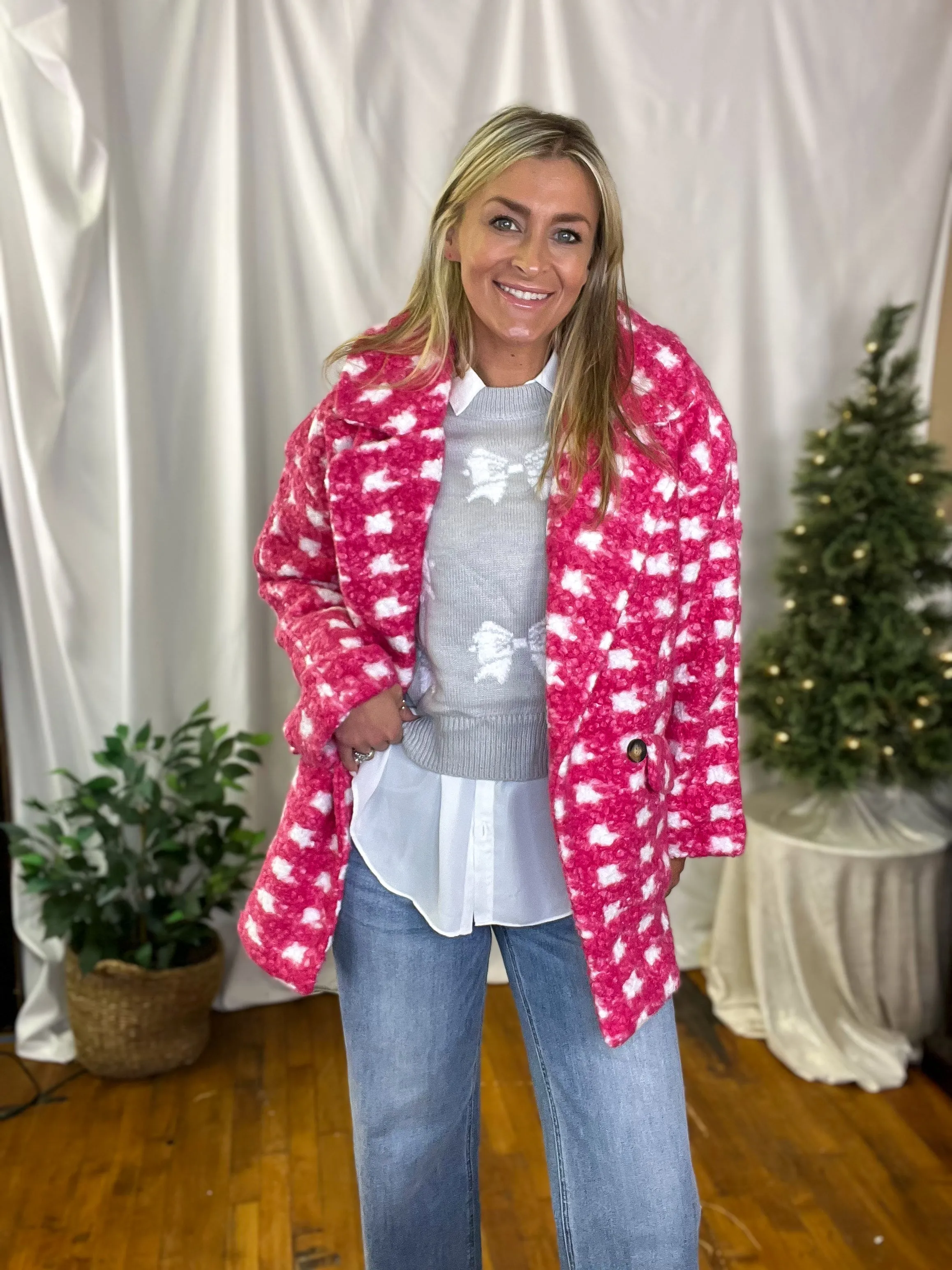 Pink Double Breasted Check Print Boucle Fleece Coat