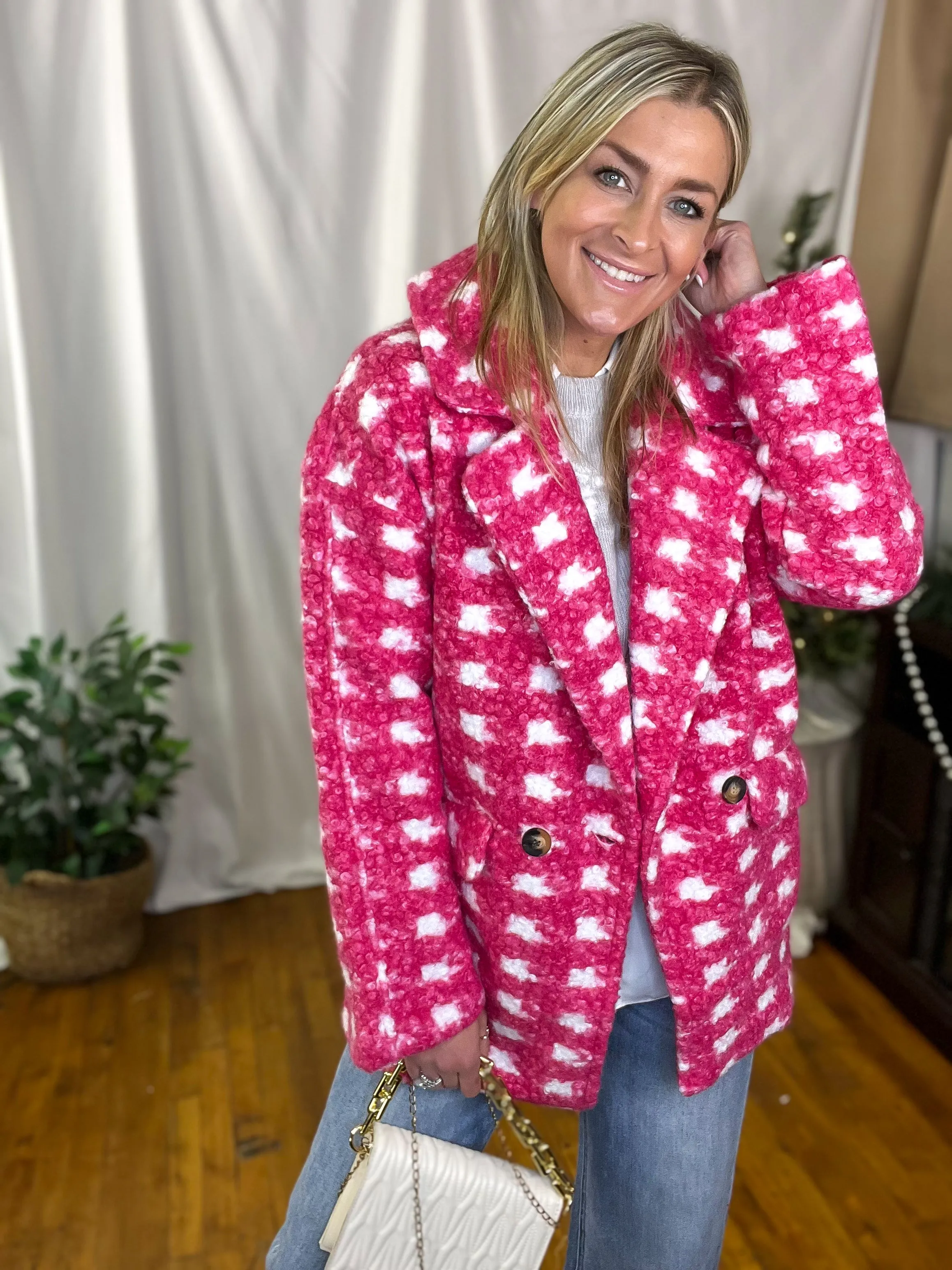 Pink Double Breasted Check Print Boucle Fleece Coat