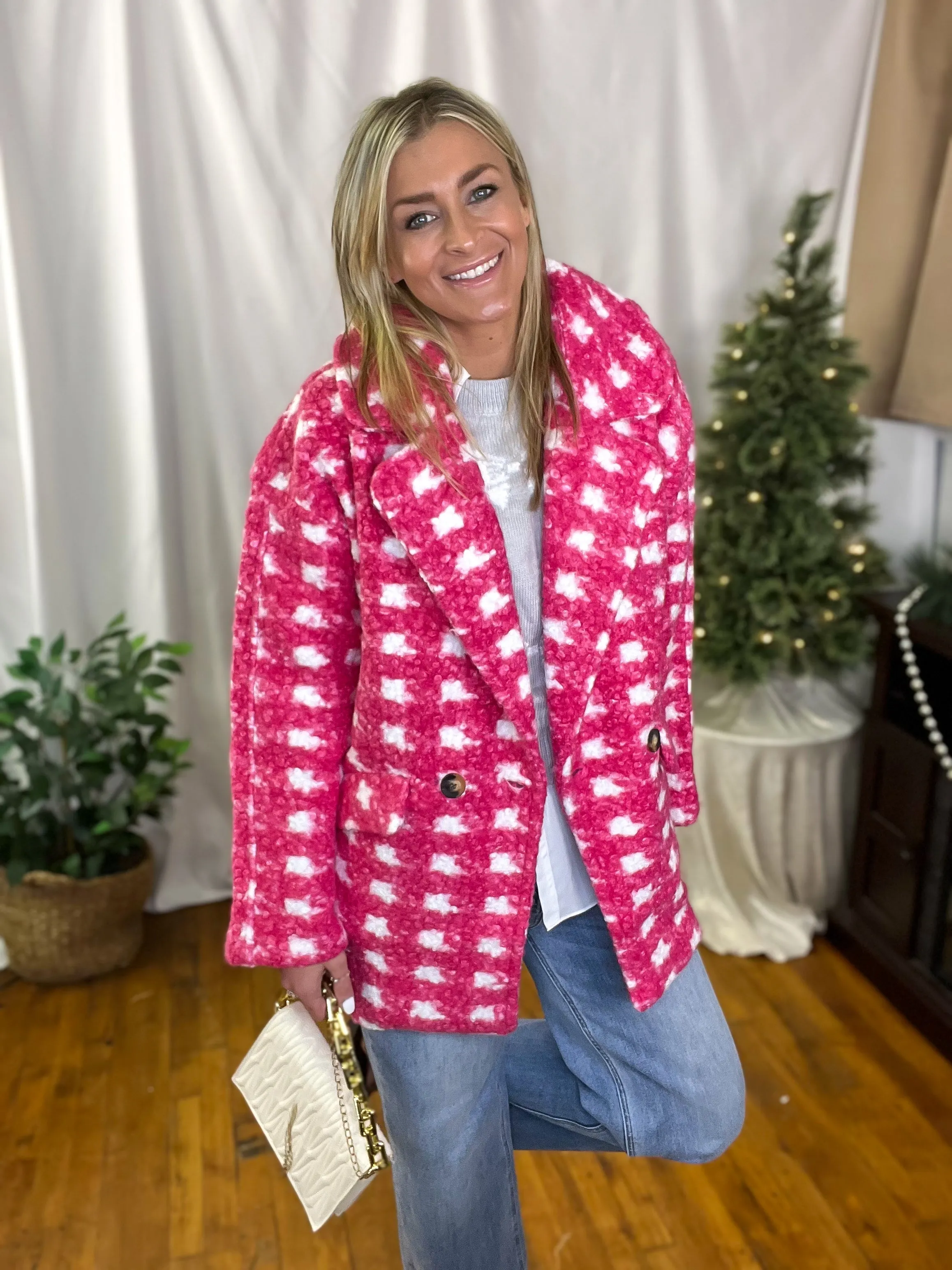 Pink Double Breasted Check Print Boucle Fleece Coat