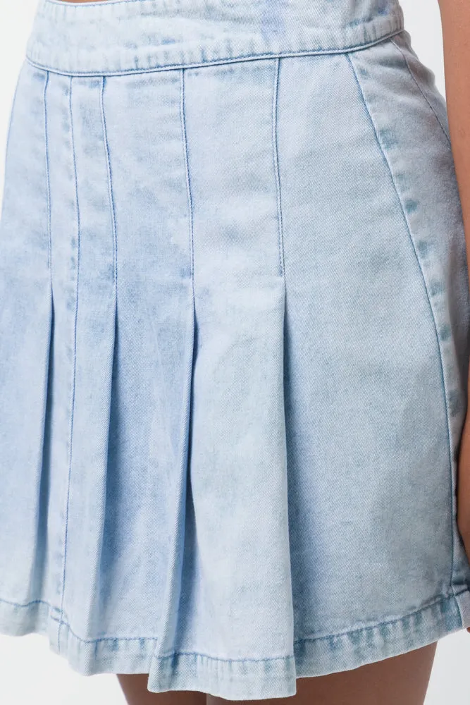 Pleated Denim Skirt Light Blue