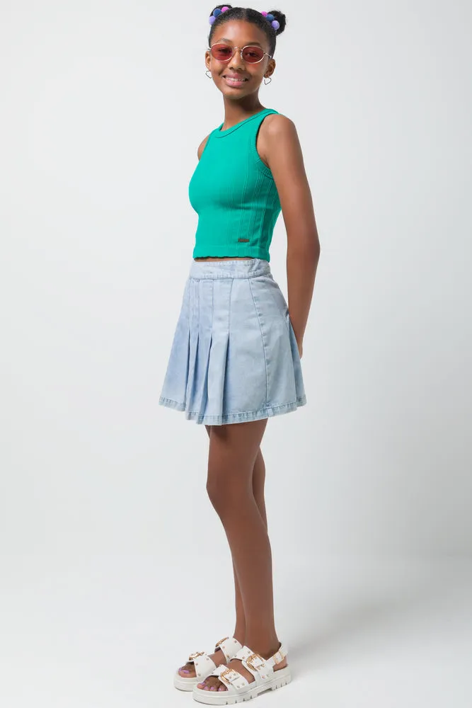 Pleated Denim Skirt Light Blue