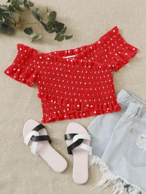 Polka Dot Shirred Detail Frill Trim Crop Top