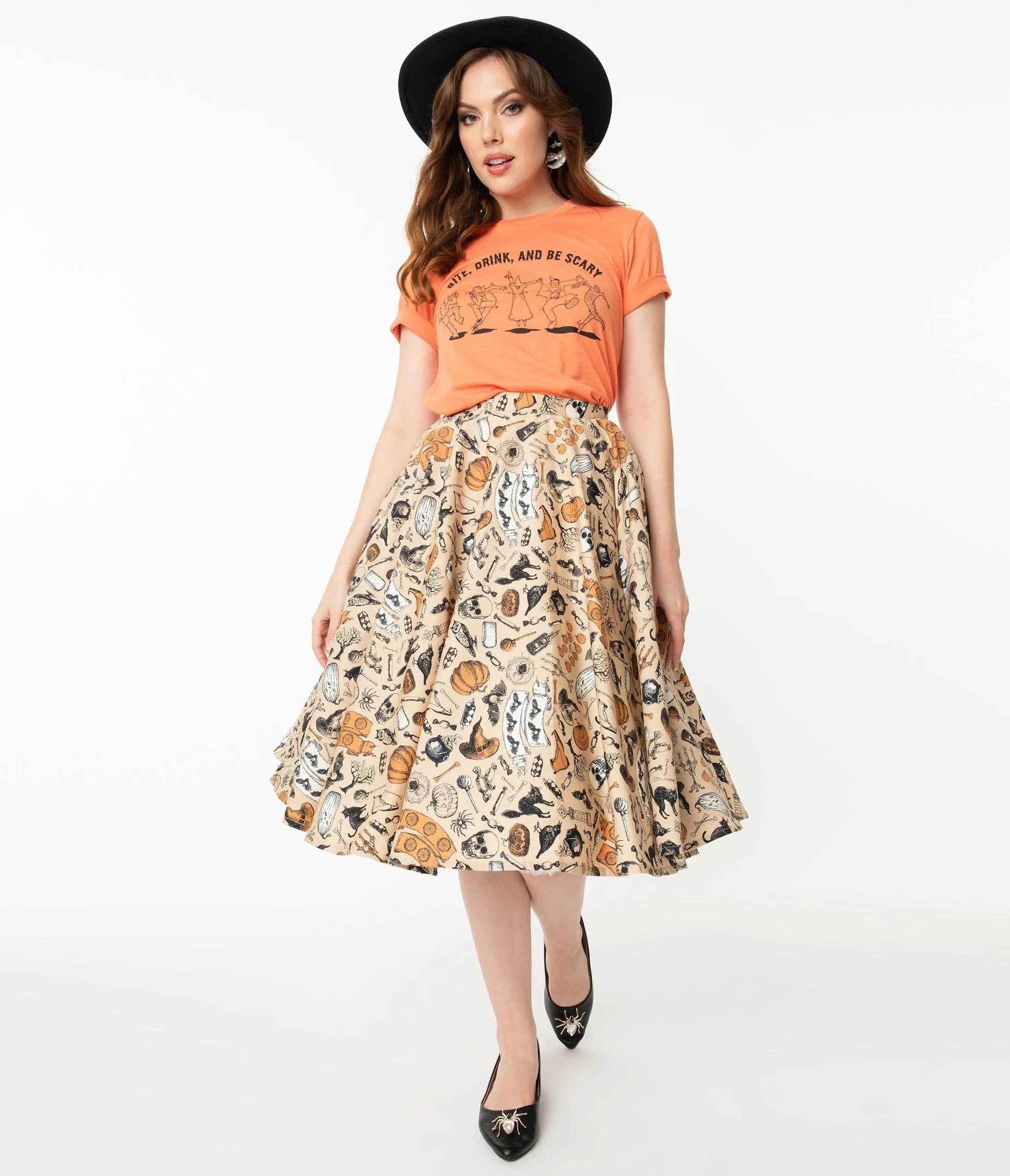 Retro Cream Halloween Print High Waist Swing Skirt