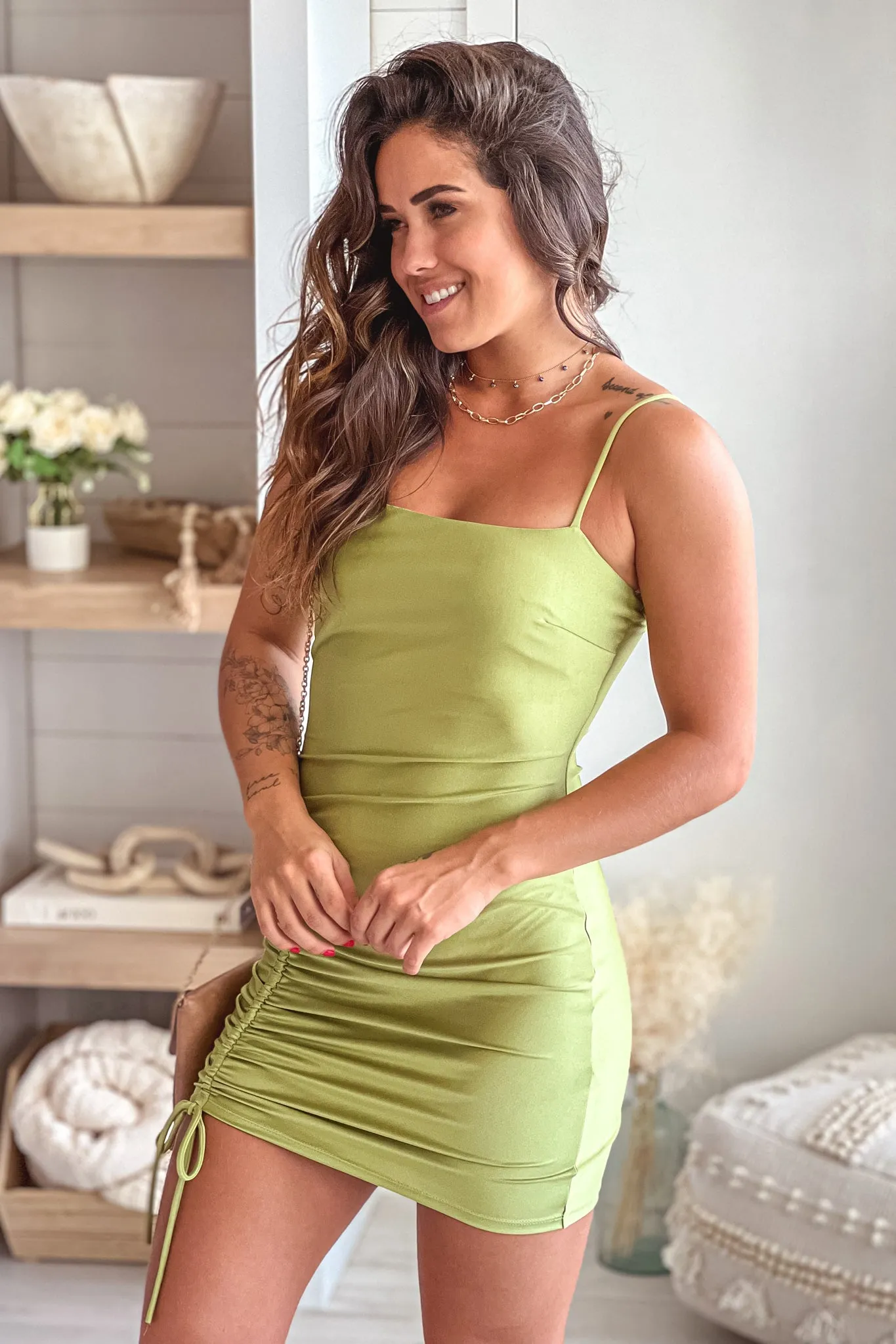 Sage Shimmer Short Dress With Pull Strings