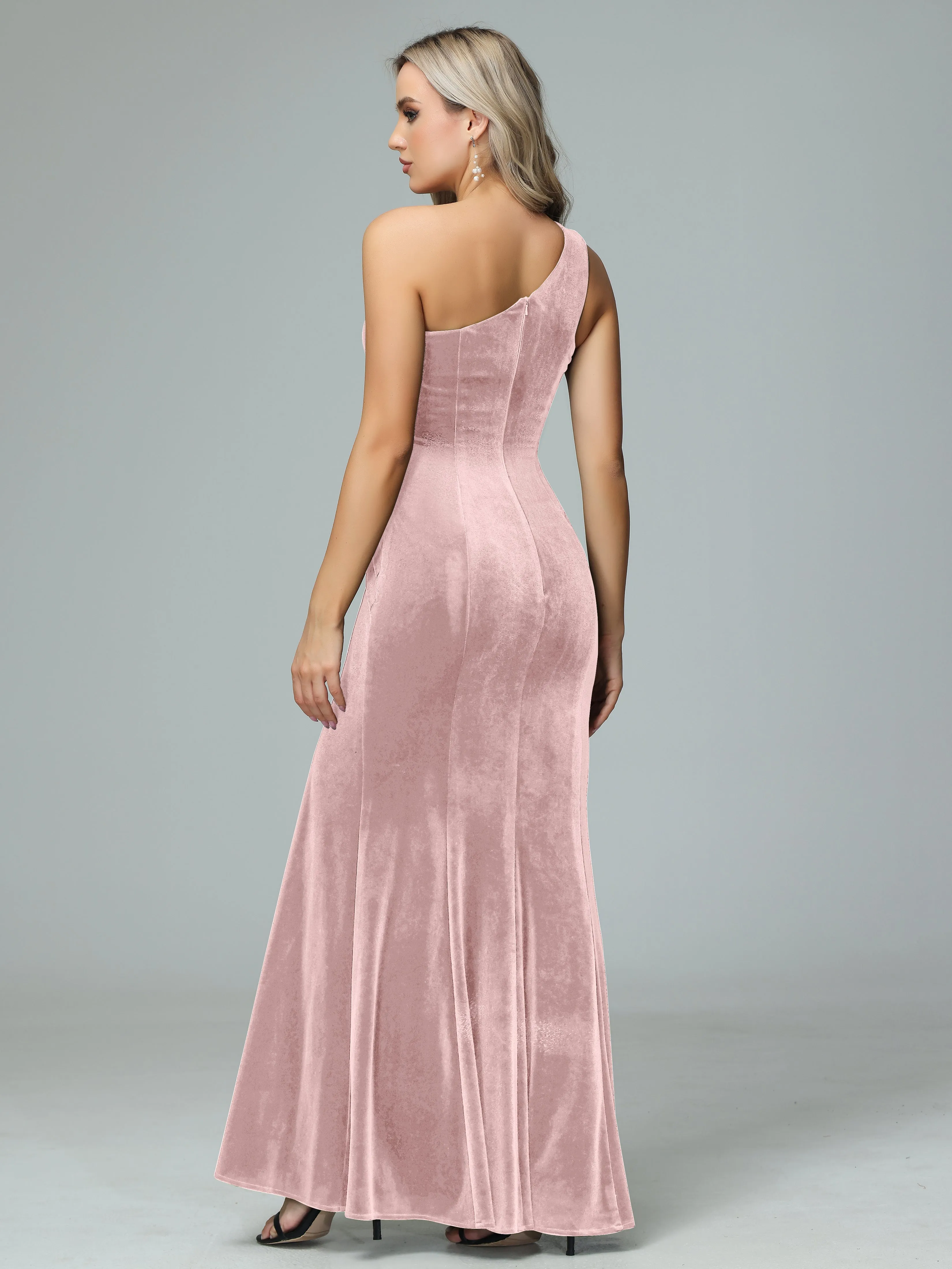 Sheath One Shoulder Velvet Bridesmaid Dresses with Slit