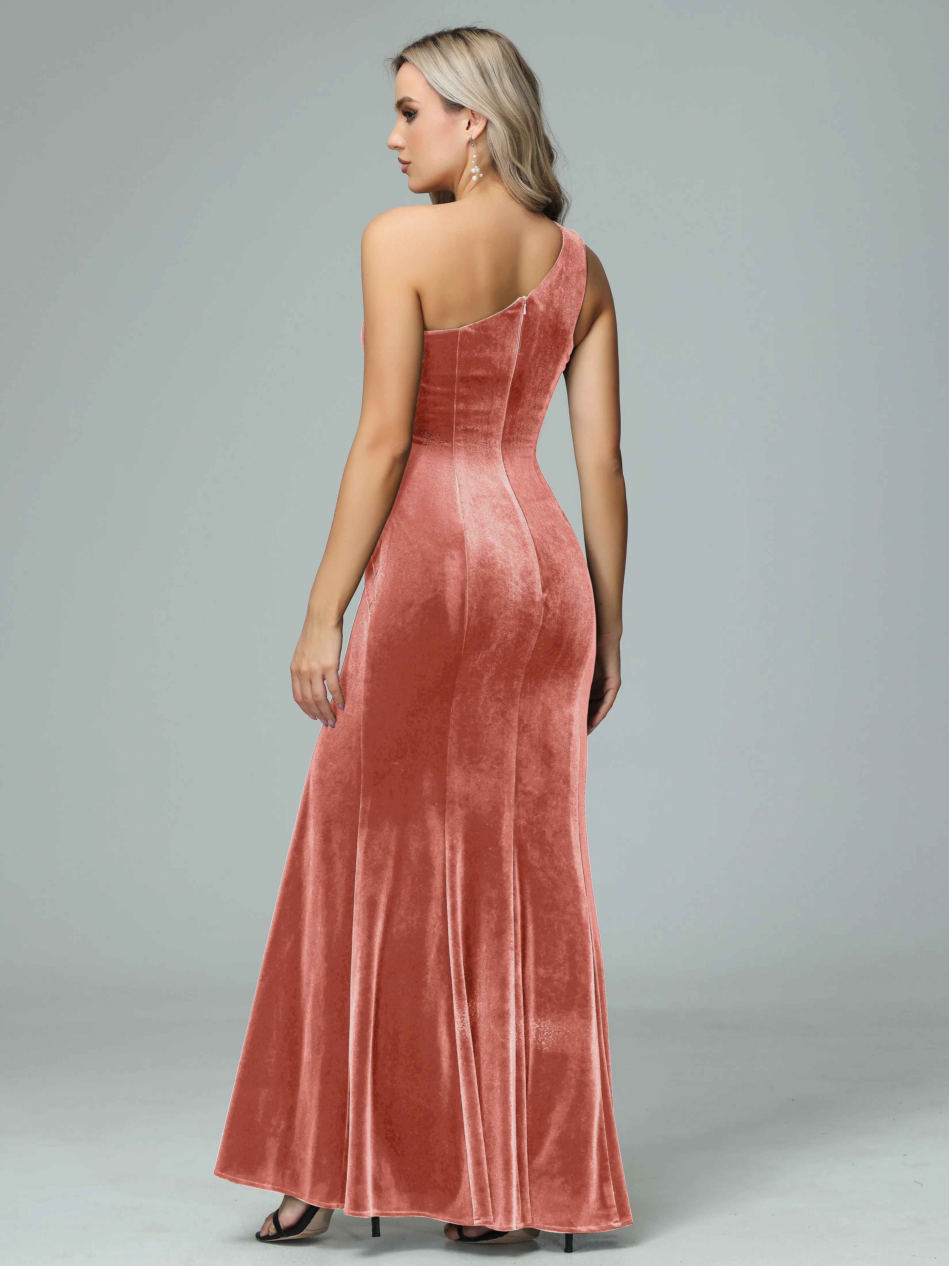 Sheath One Shoulder Velvet Bridesmaid Dresses with Slit