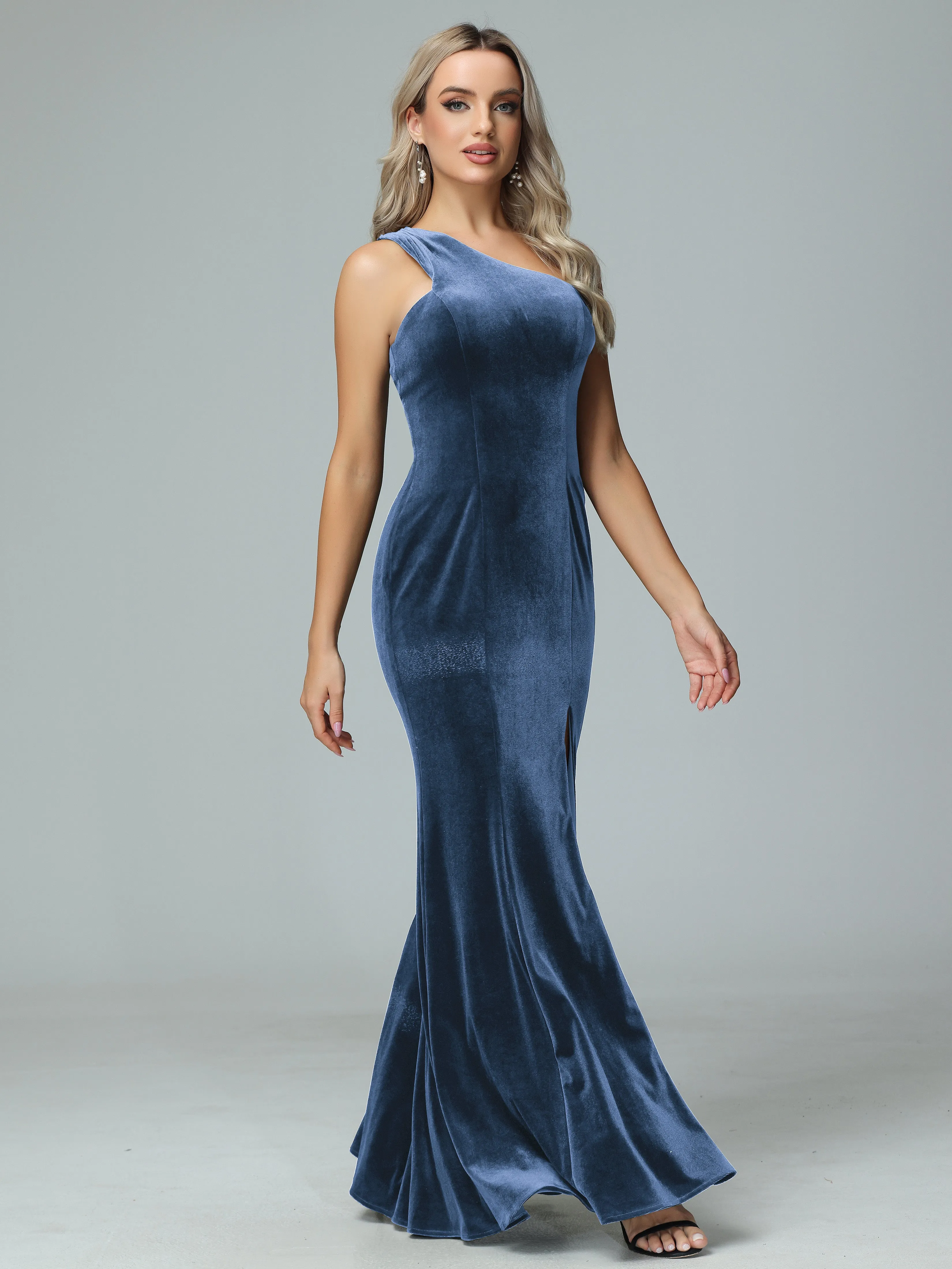 Sheath One Shoulder Velvet Bridesmaid Dresses with Slit