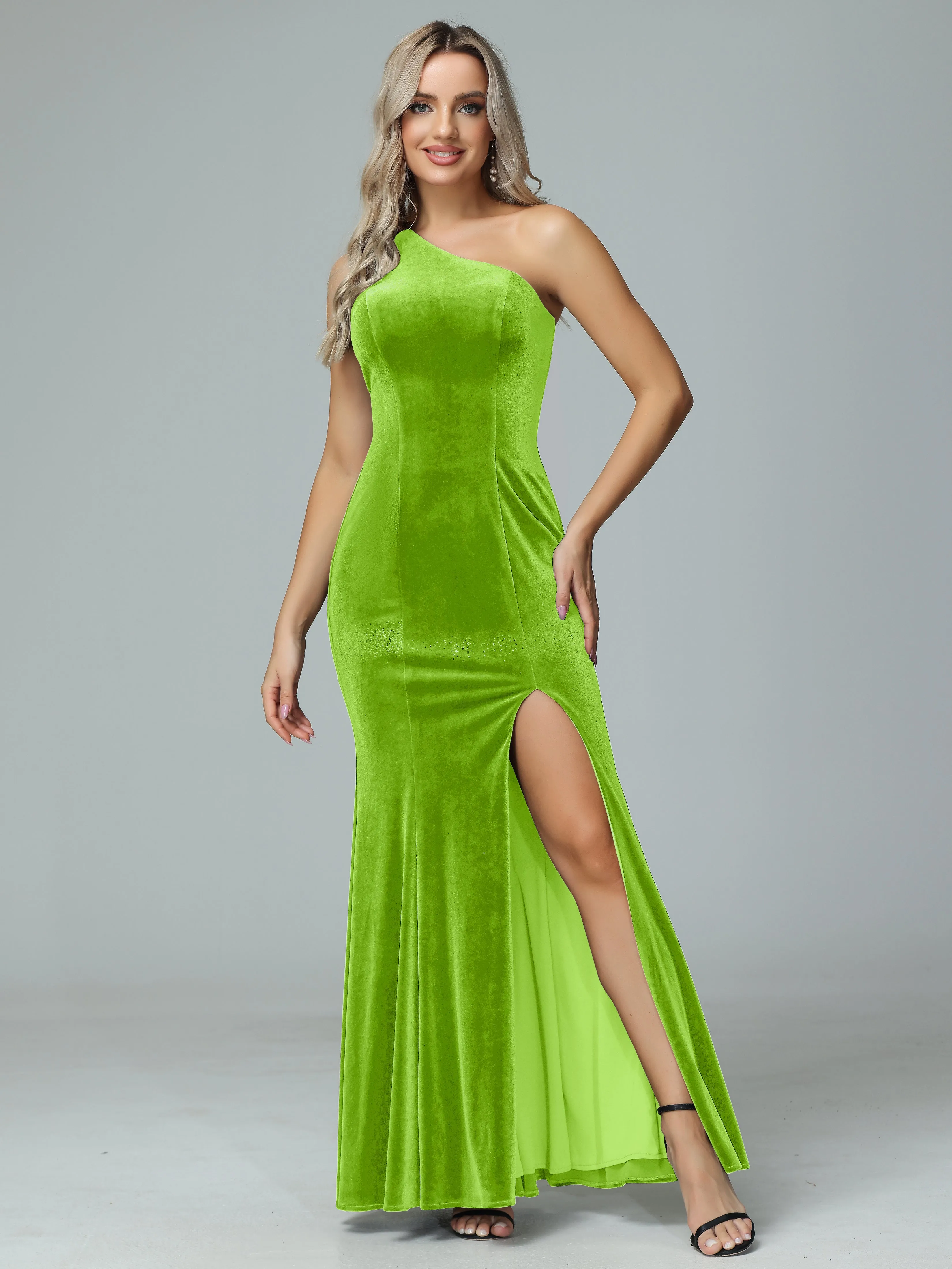 Sheath One Shoulder Velvet Bridesmaid Dresses with Slit