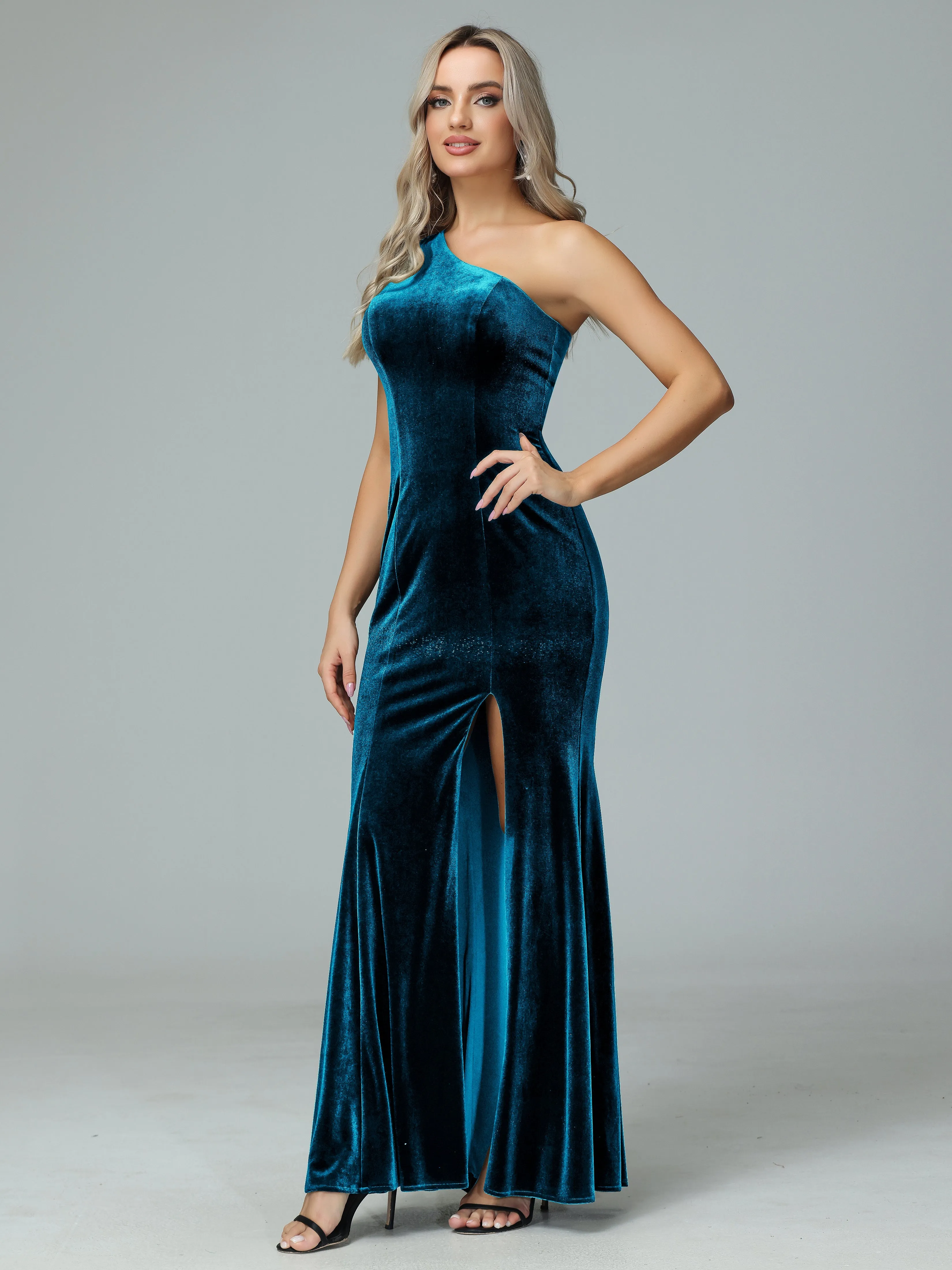 Sheath One Shoulder Velvet Bridesmaid Dresses with Slit