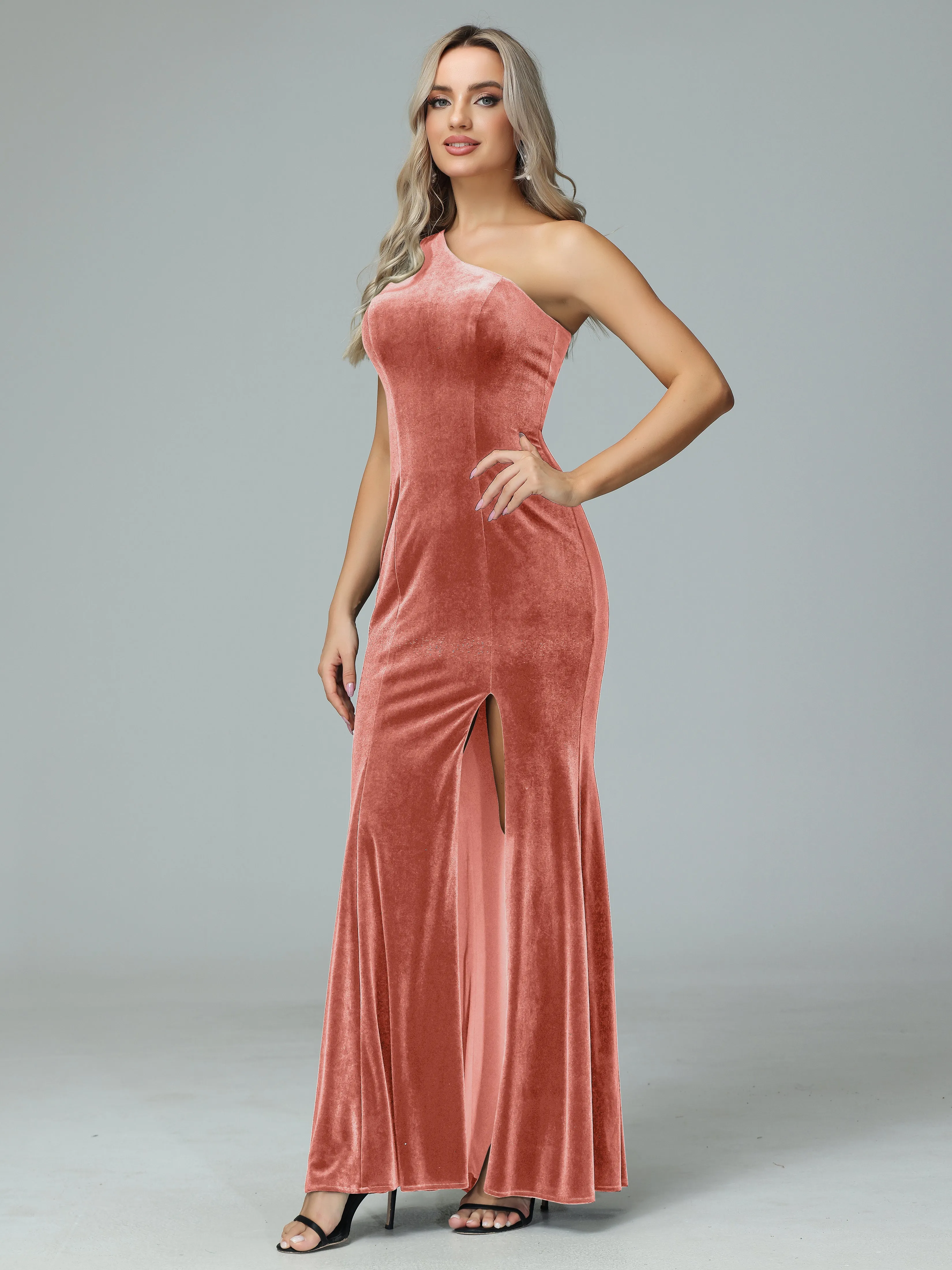 Sheath One Shoulder Velvet Bridesmaid Dresses with Slit