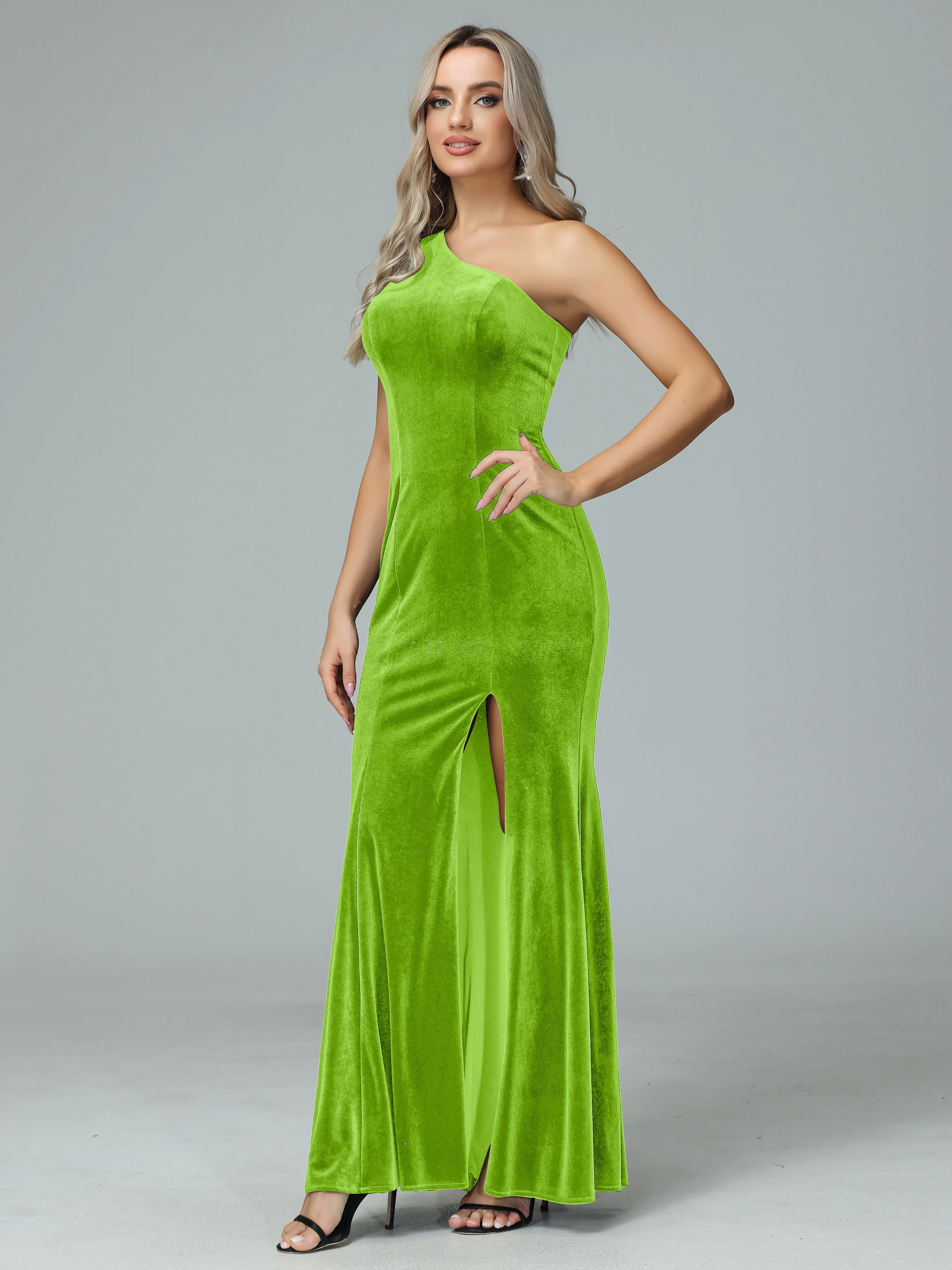 Sheath One Shoulder Velvet Bridesmaid Dresses with Slit