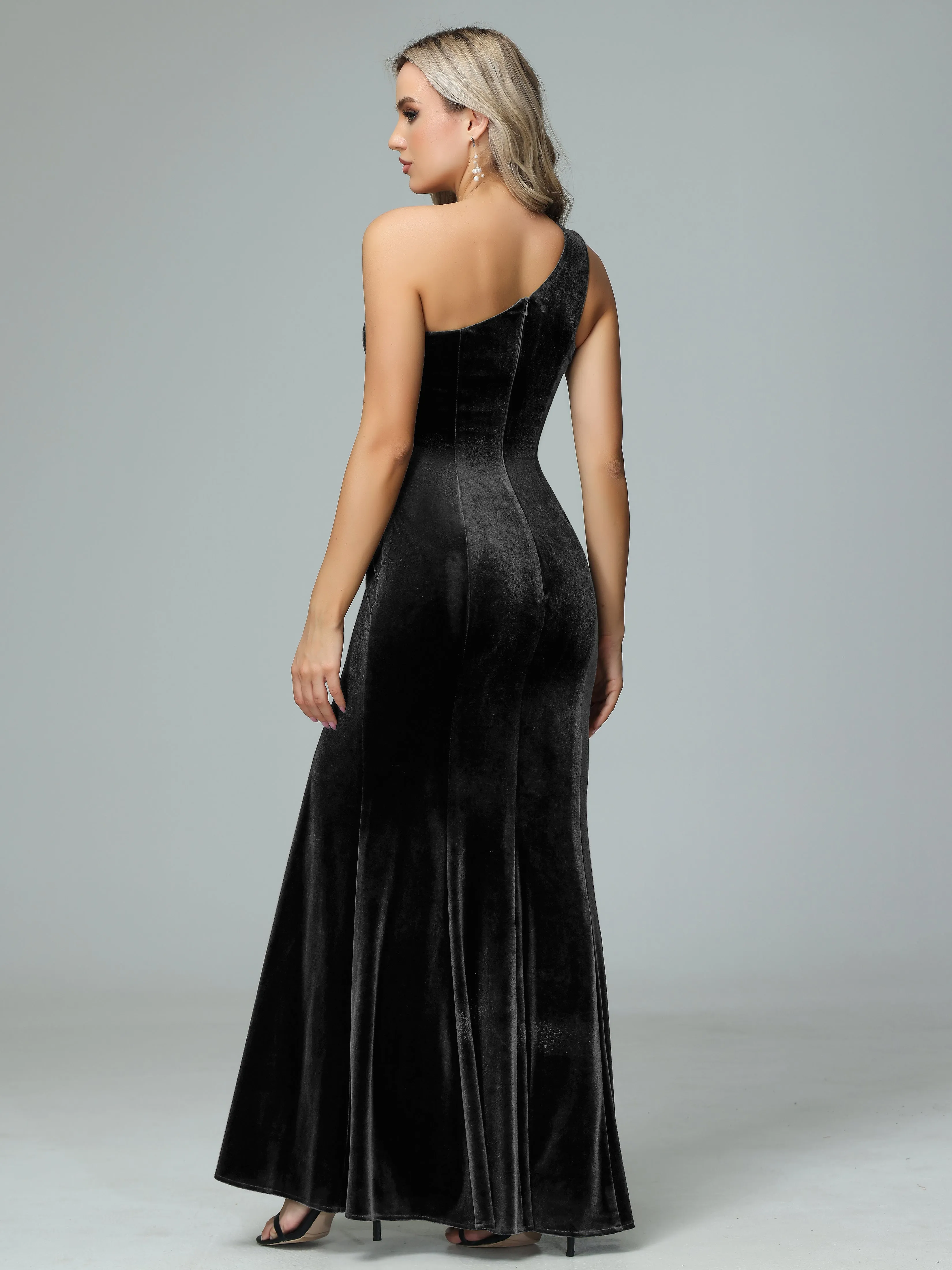 Sheath One Shoulder Velvet Bridesmaid Dresses with Slit