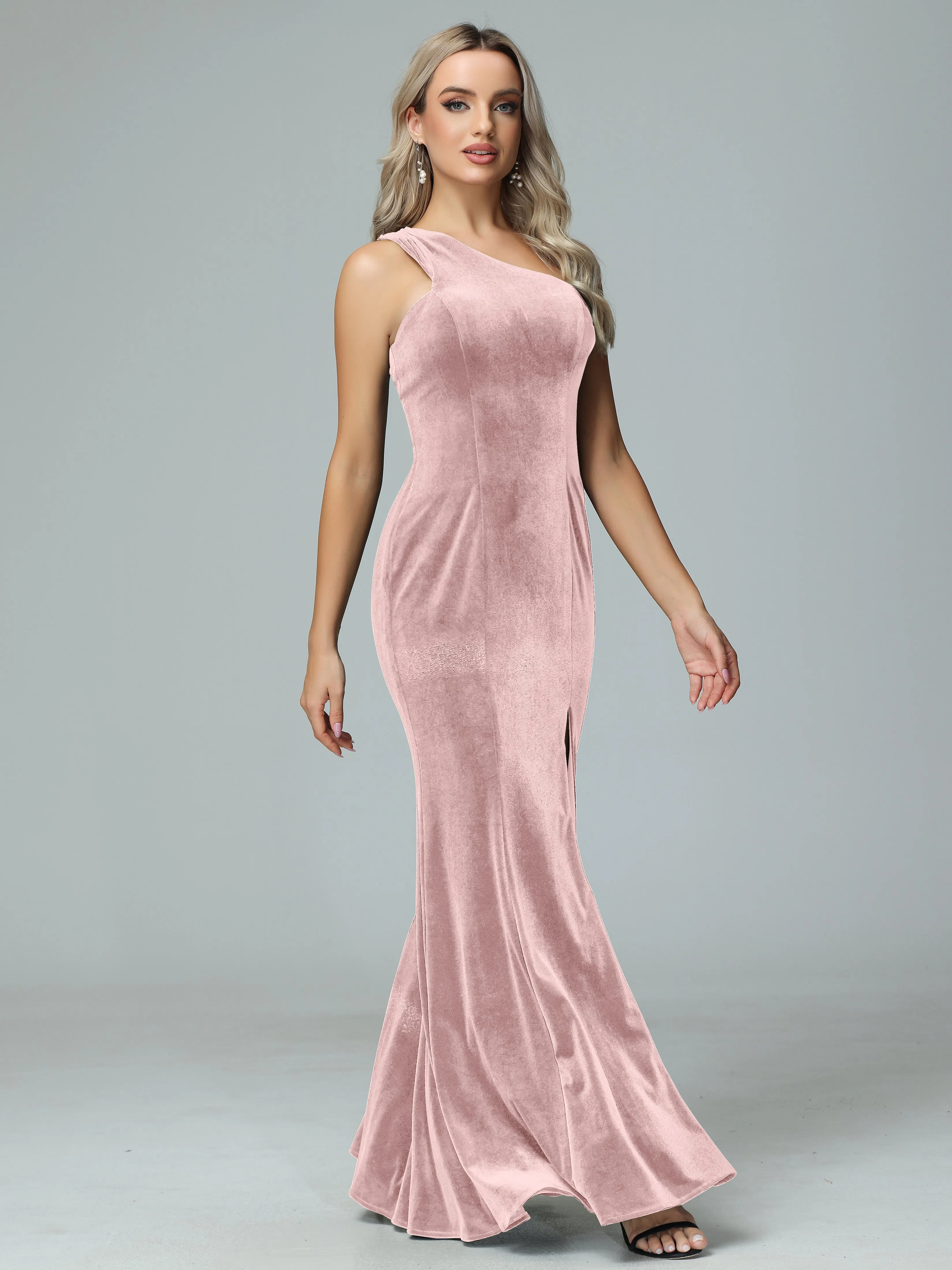 Sheath One Shoulder Velvet Bridesmaid Dresses with Slit