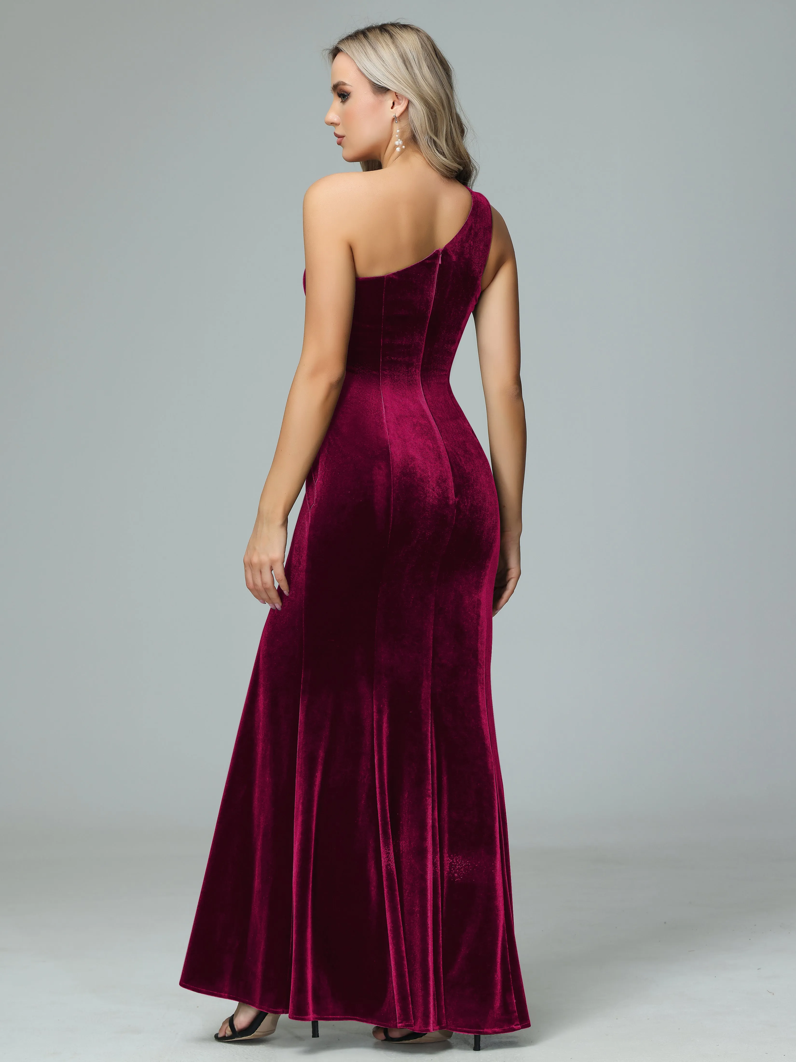 Sheath One Shoulder Velvet Bridesmaid Dresses with Slit