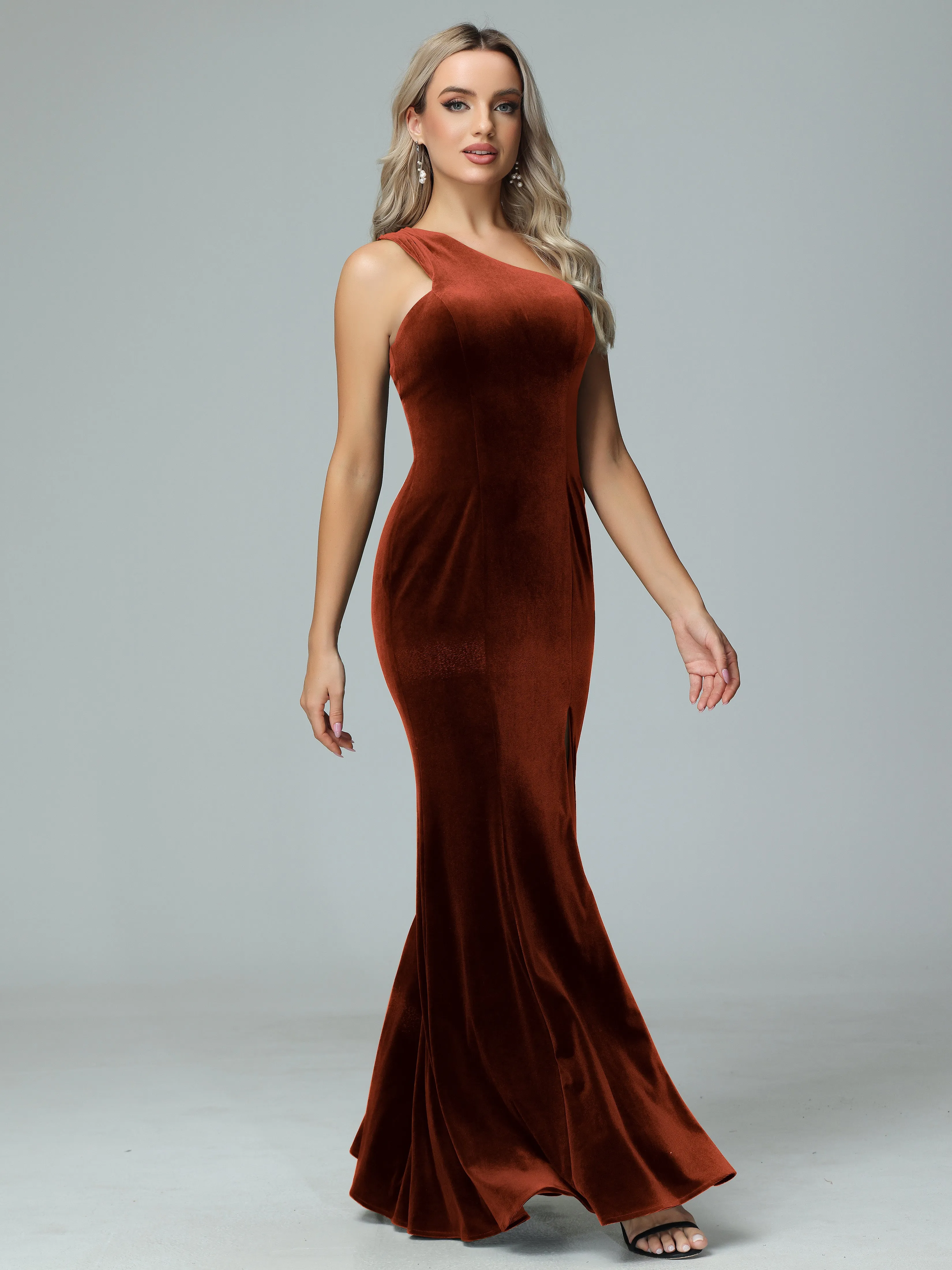 Sheath One Shoulder Velvet Bridesmaid Dresses with Slit