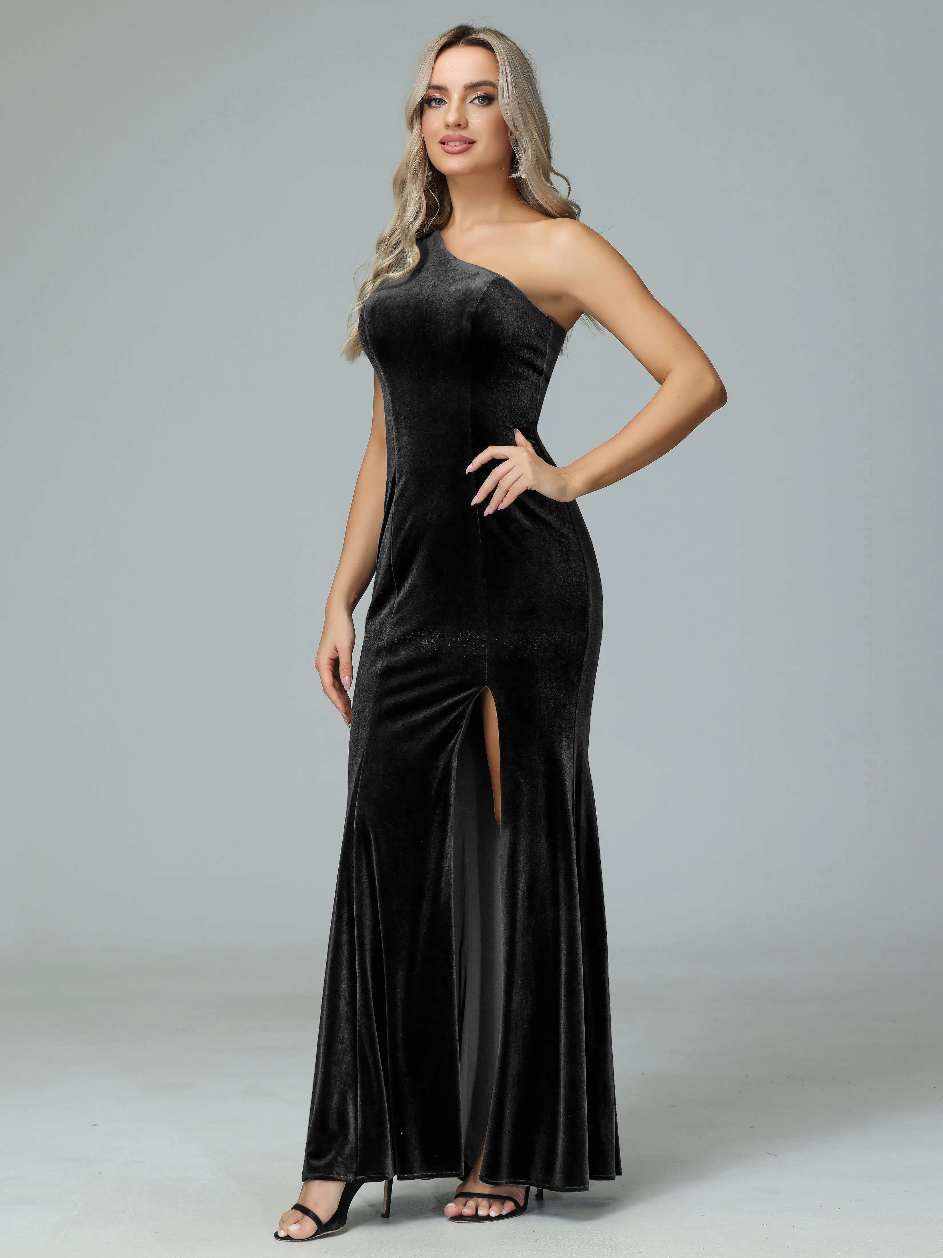 Sheath One Shoulder Velvet Bridesmaid Dresses with Slit