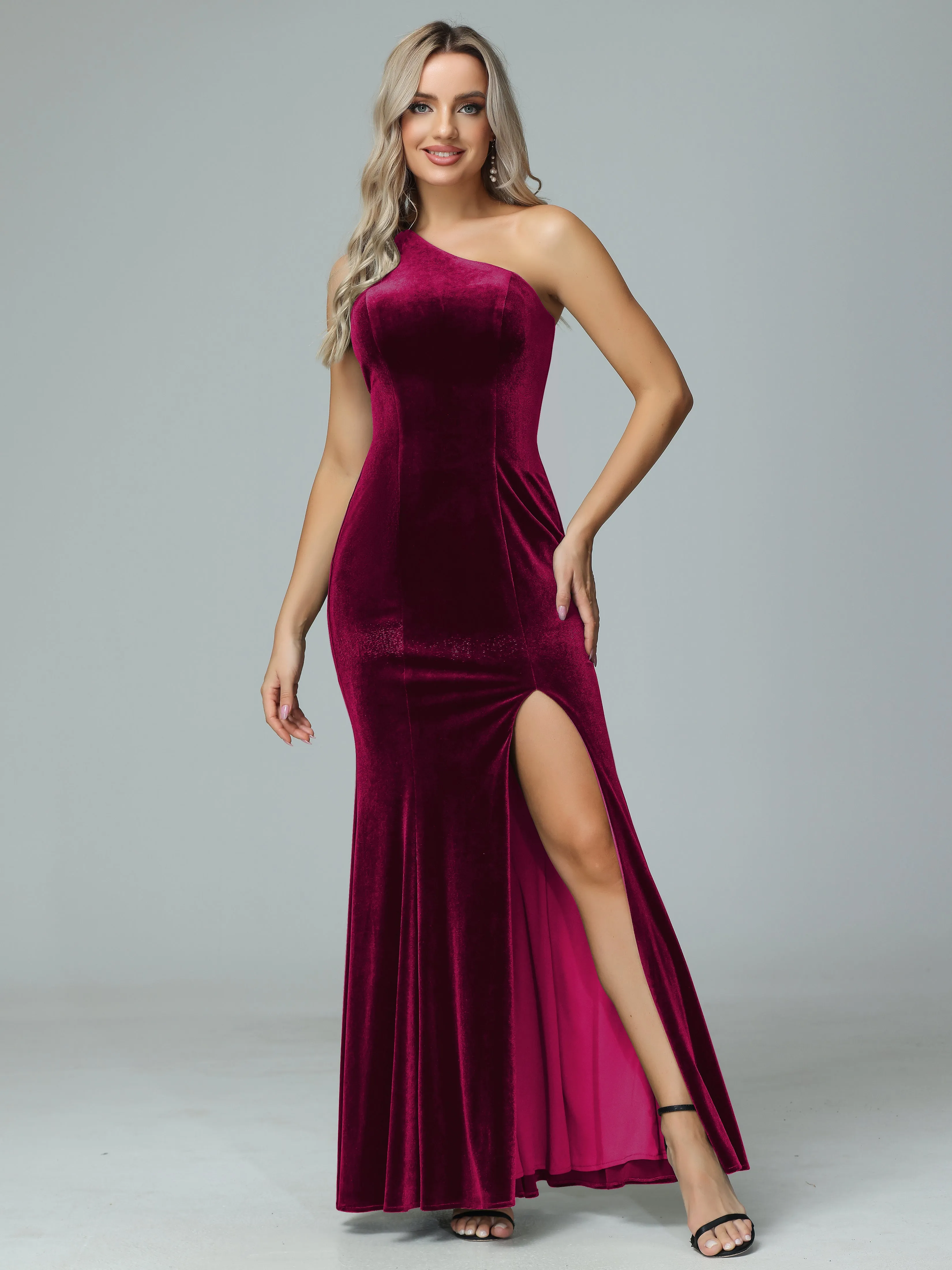 Sheath One Shoulder Velvet Bridesmaid Dresses with Slit