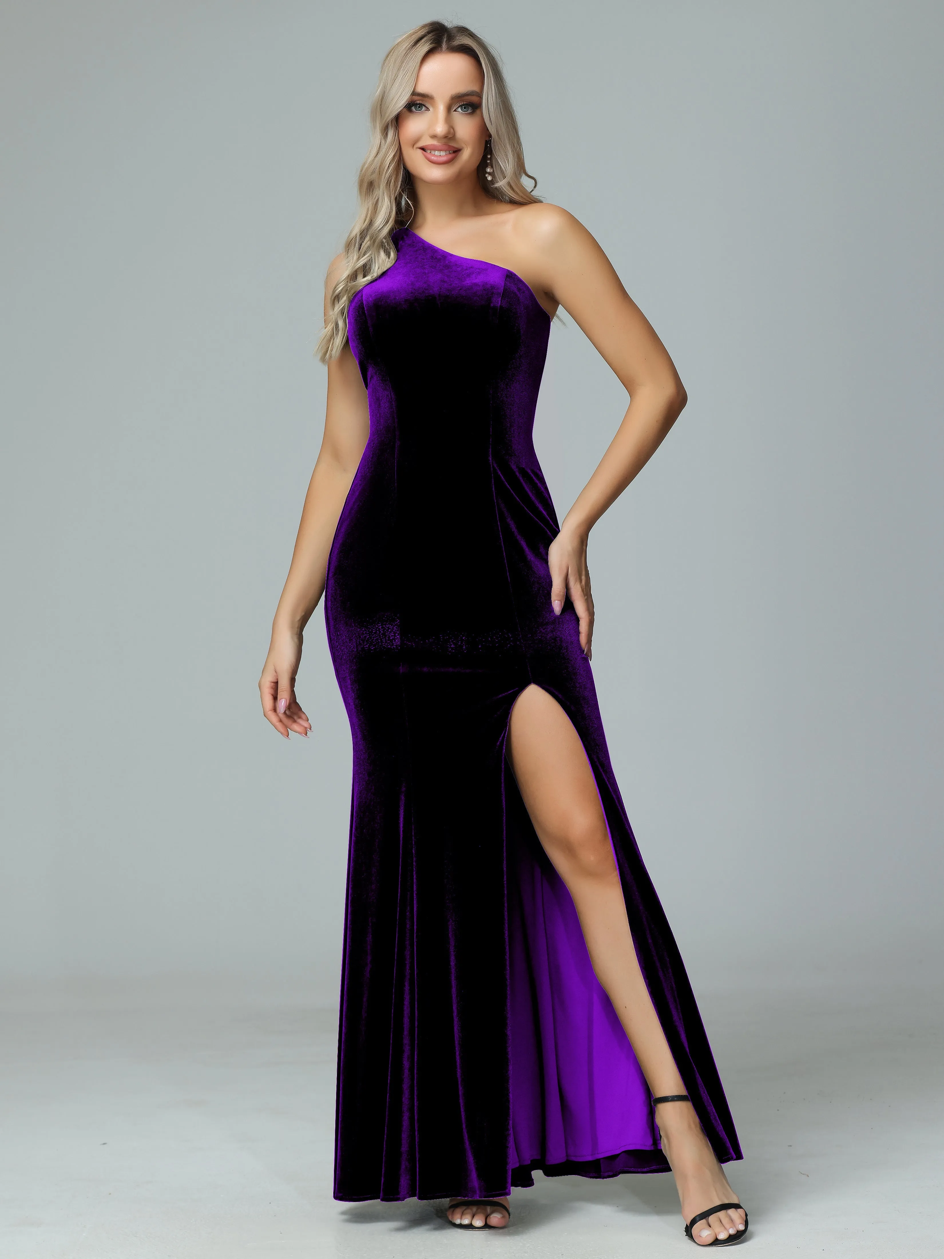 Sheath One Shoulder Velvet Bridesmaid Dresses with Slit