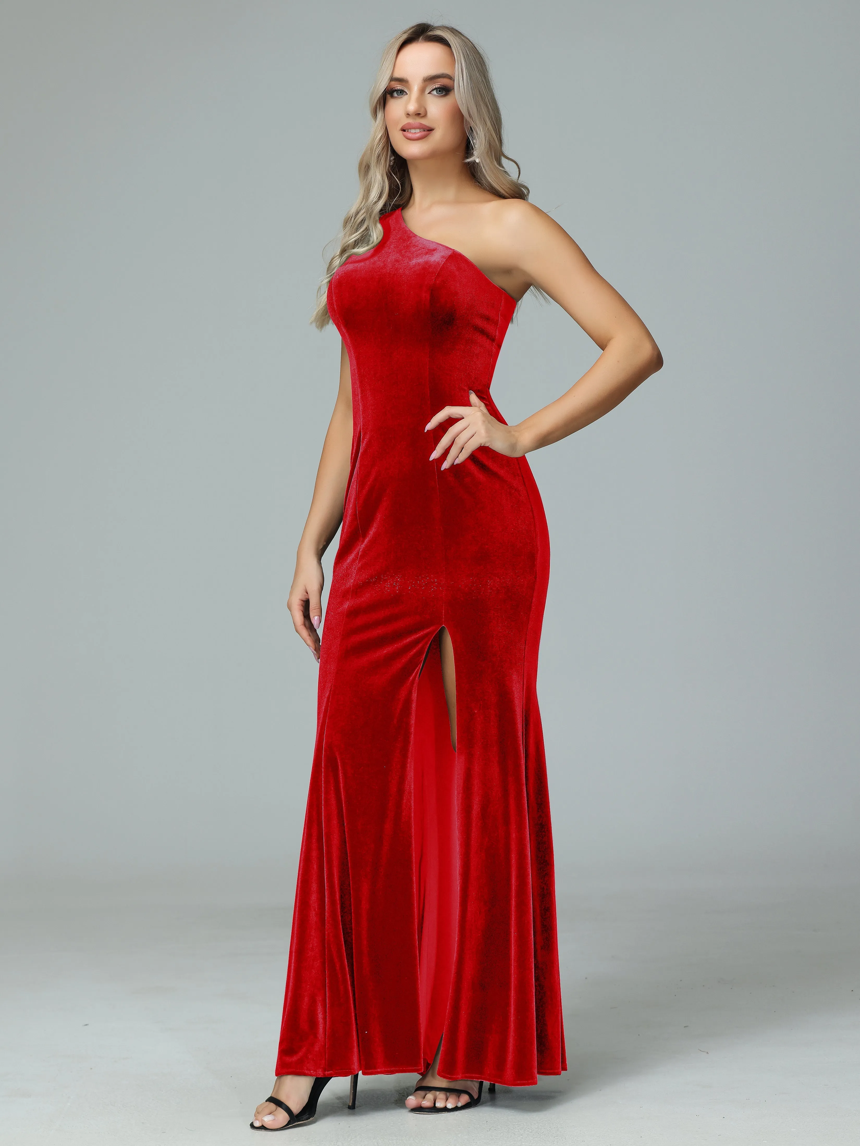 Sheath One Shoulder Velvet Bridesmaid Dresses with Slit