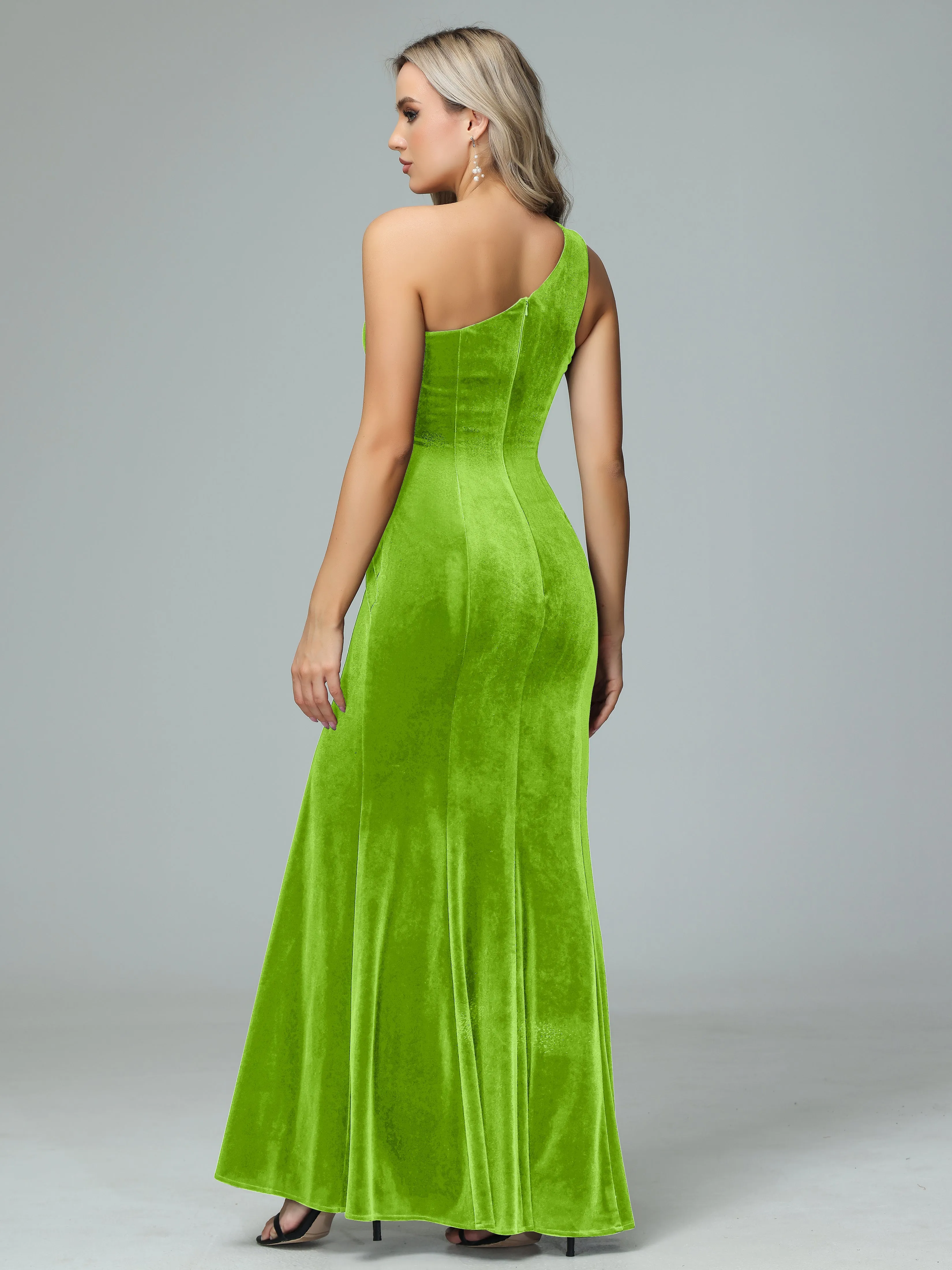 Sheath One Shoulder Velvet Bridesmaid Dresses with Slit