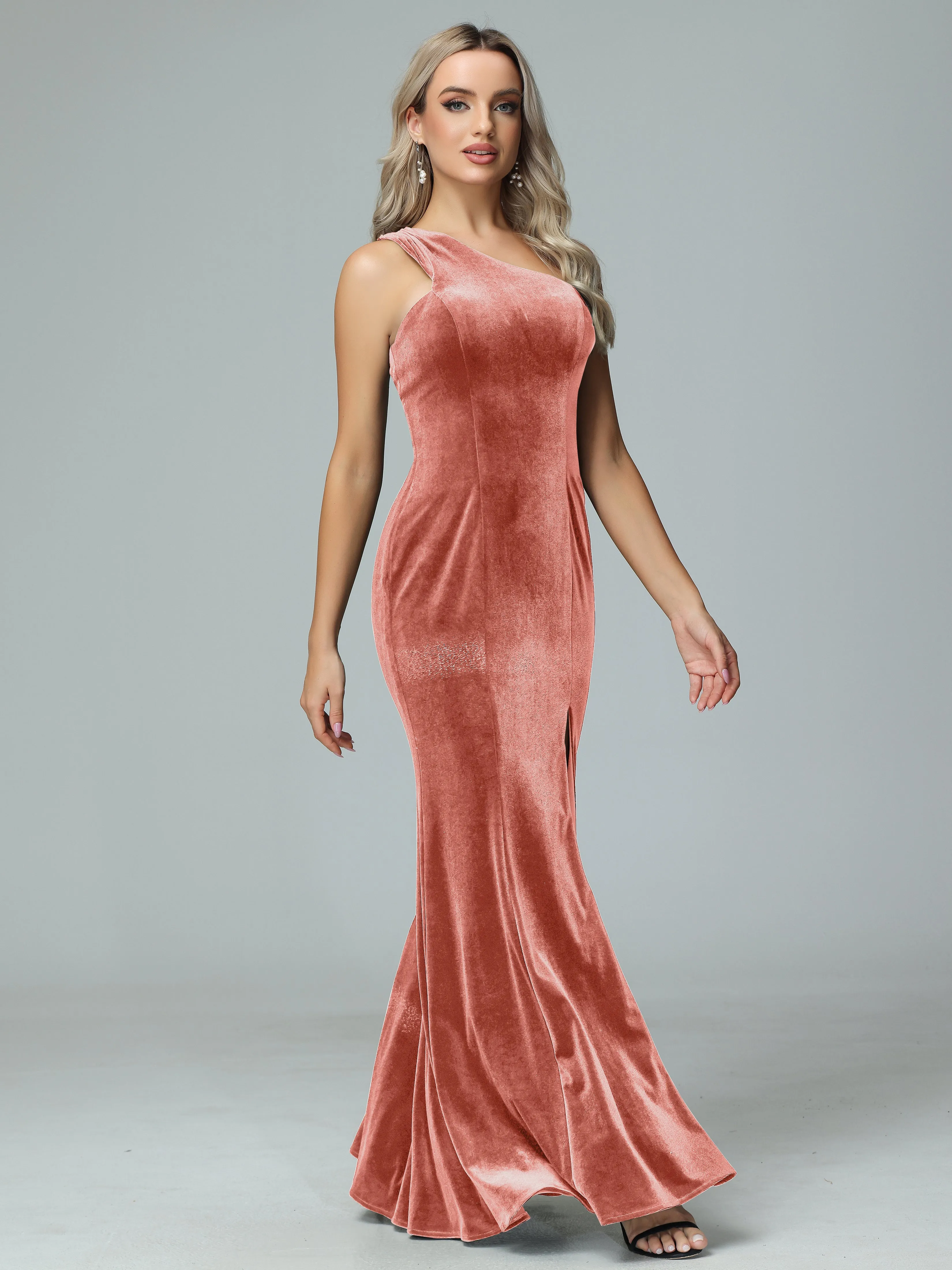 Sheath One Shoulder Velvet Bridesmaid Dresses with Slit