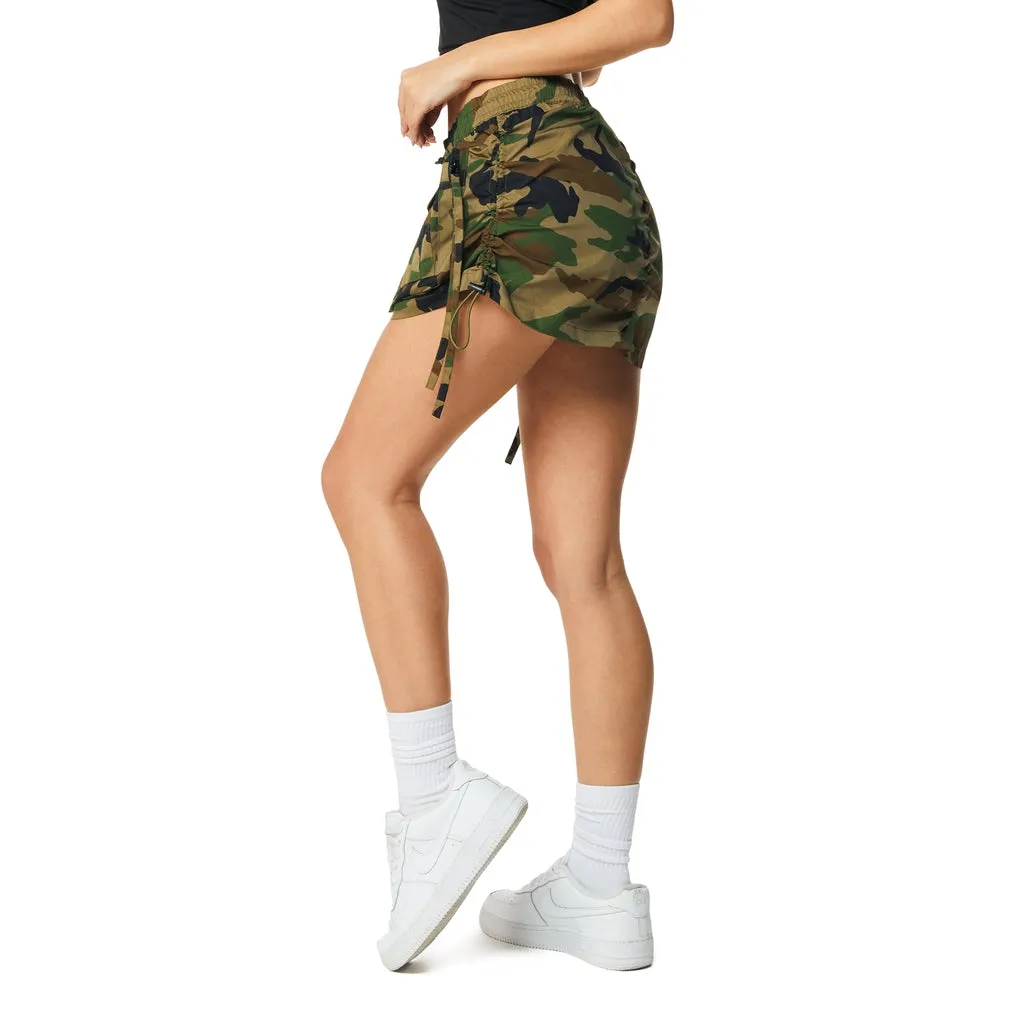 Shirring Utility Mini Skirt - Wood Camo