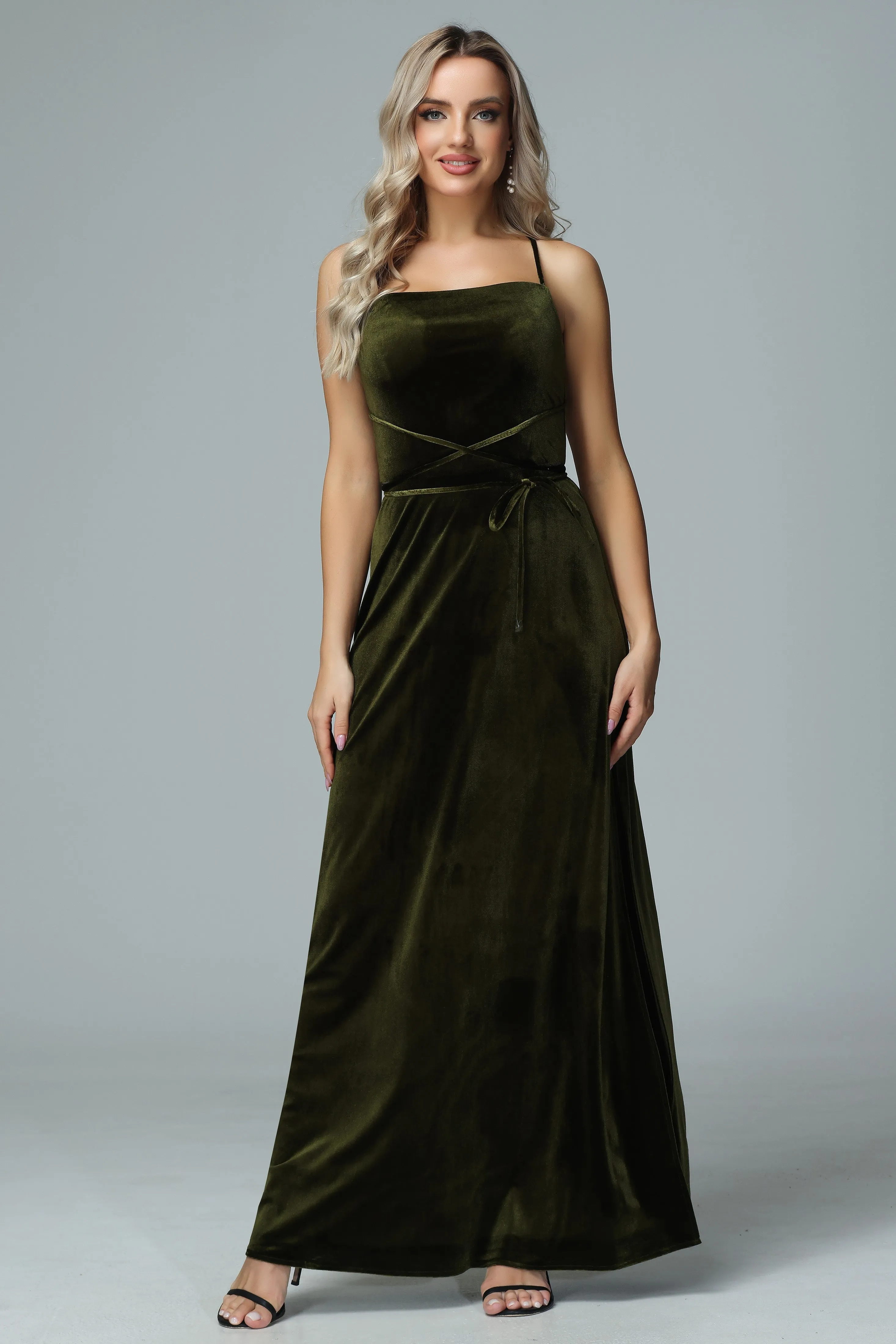 Spaghetti Straps Velvet Floor Length Wedding Party Dresses