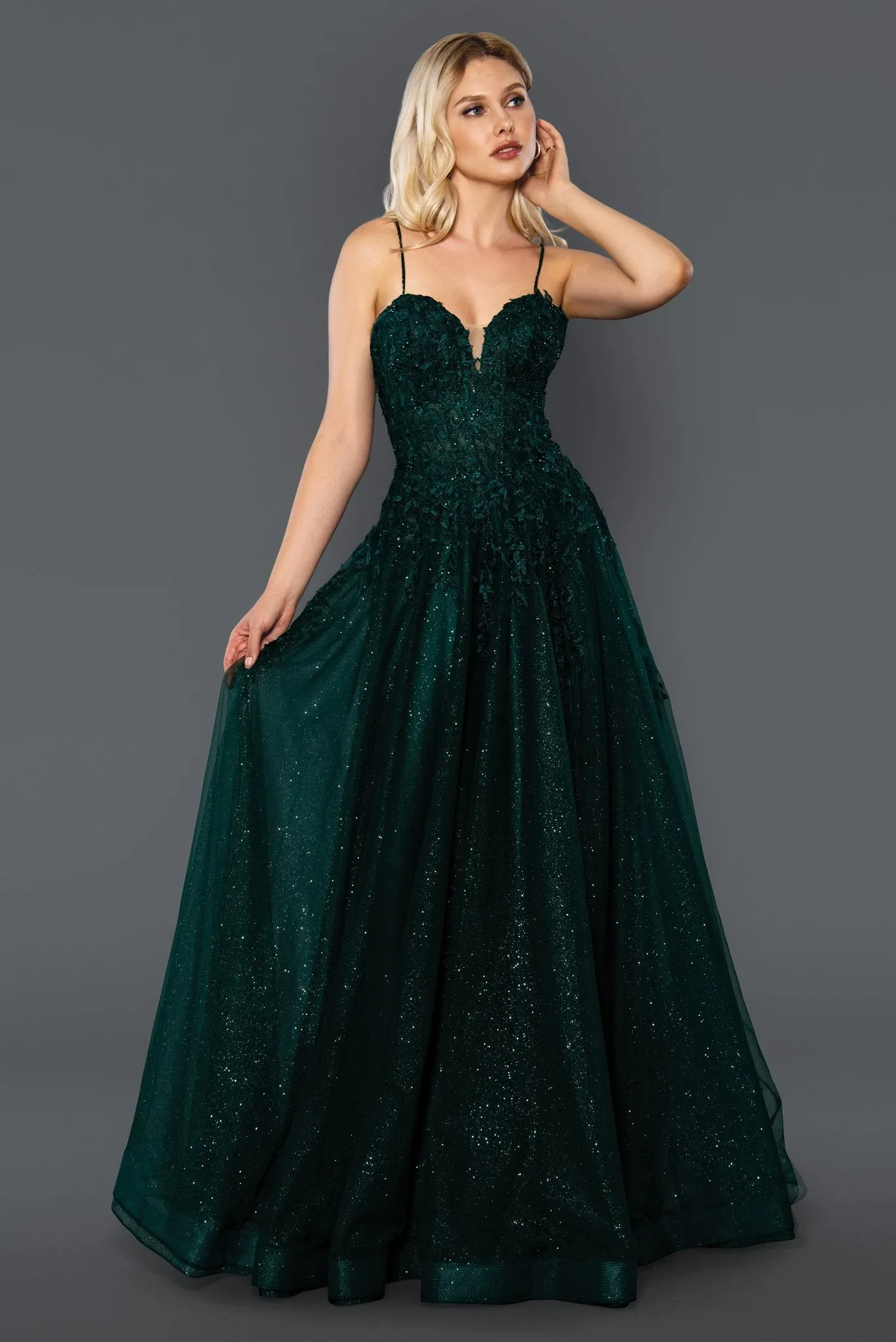 Stella Couture 22027 Size 18 Green Fitted Lace Embellished Bodice sheer Shimmer Prom Dress