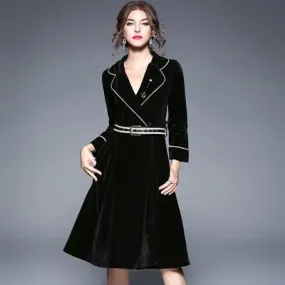 Velvet A-line Solid Long Sleeve Notched Collar Business Wear Midi Dress