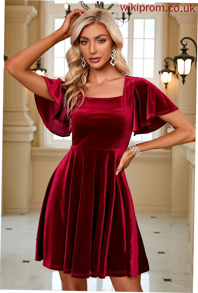 Vicky A-line Mini Elegant Sleeves Club Dresses Velvet Short Square Dresses Neck